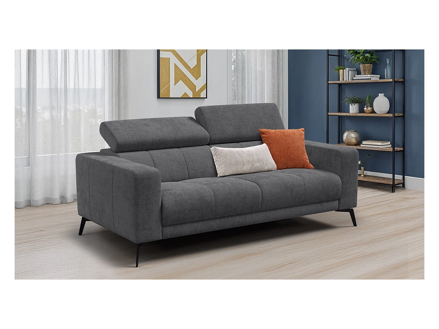 Canapé 3 places MORELLO, tissu gris foncé