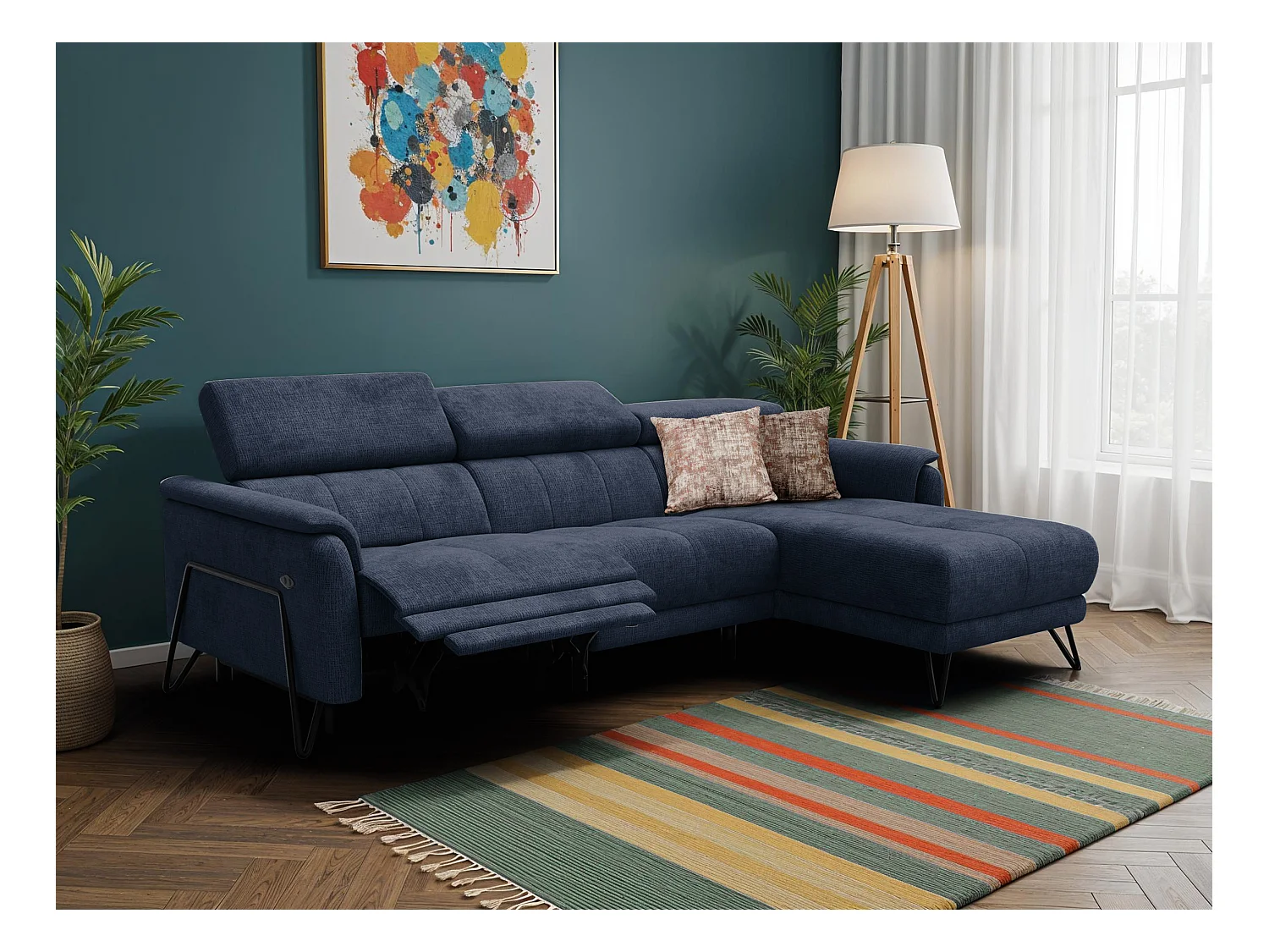 Canapé d'angle 4 places RODEN avec Relax, tissu bleu marine