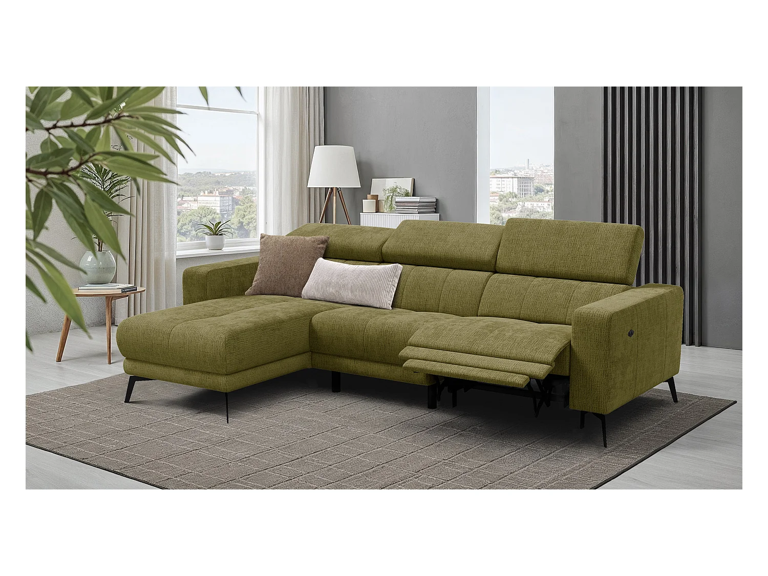 Canapé d'angle 4 places MORELLO avec 1 x Relax Zero Gravity, tissu olive