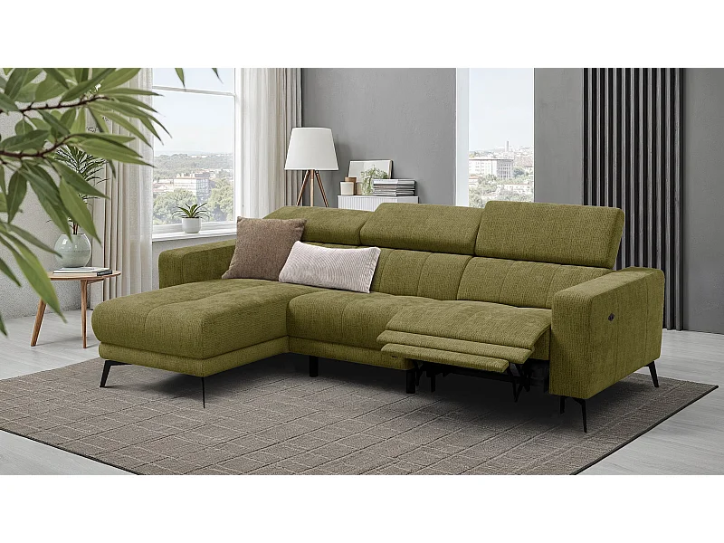 Canapé d'angle 4 places MORELLO avec 1 x Relax Zero Gravity, tissu olive