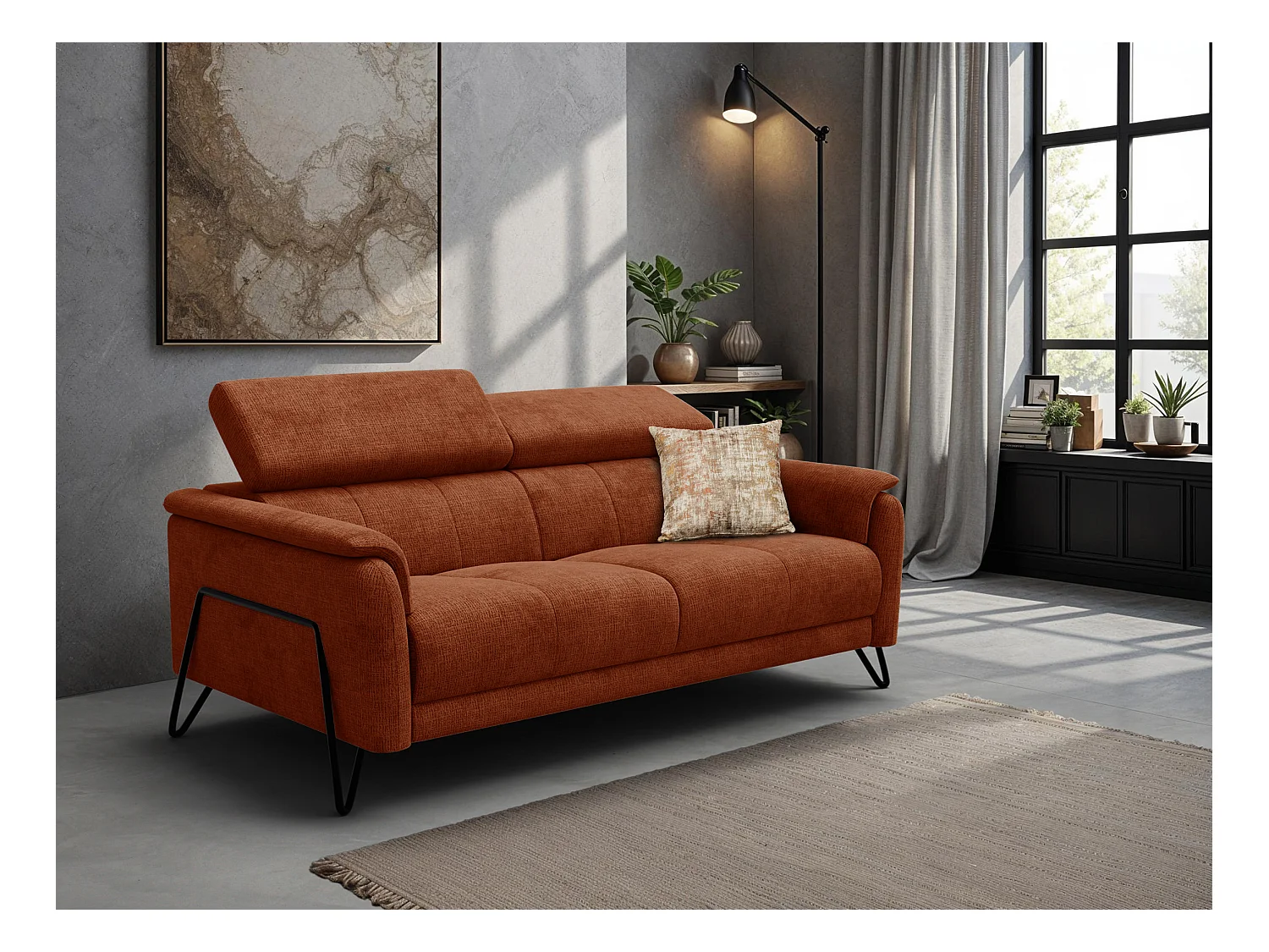 Canapé 3 places RODEN, tissu orange foncé