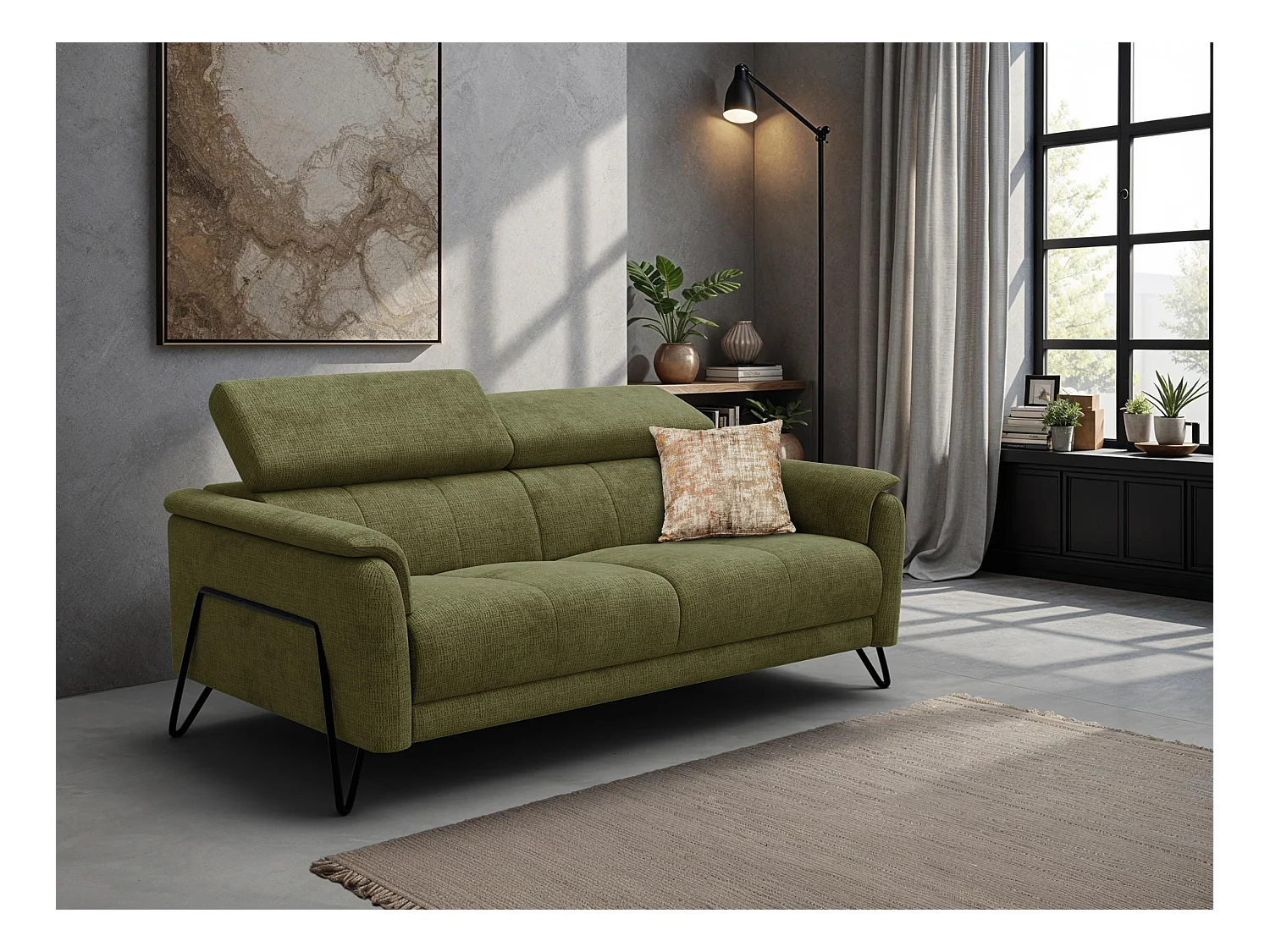 Canapé 3 places RODEN, tissu olive