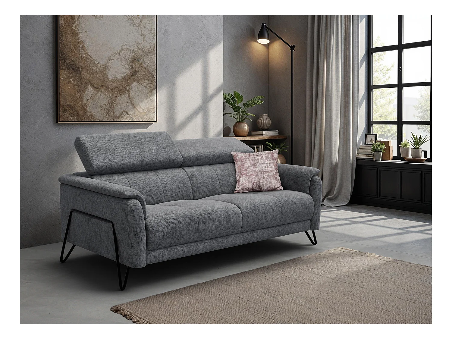 Canapé 3 places RODEN, tissu gris foncé