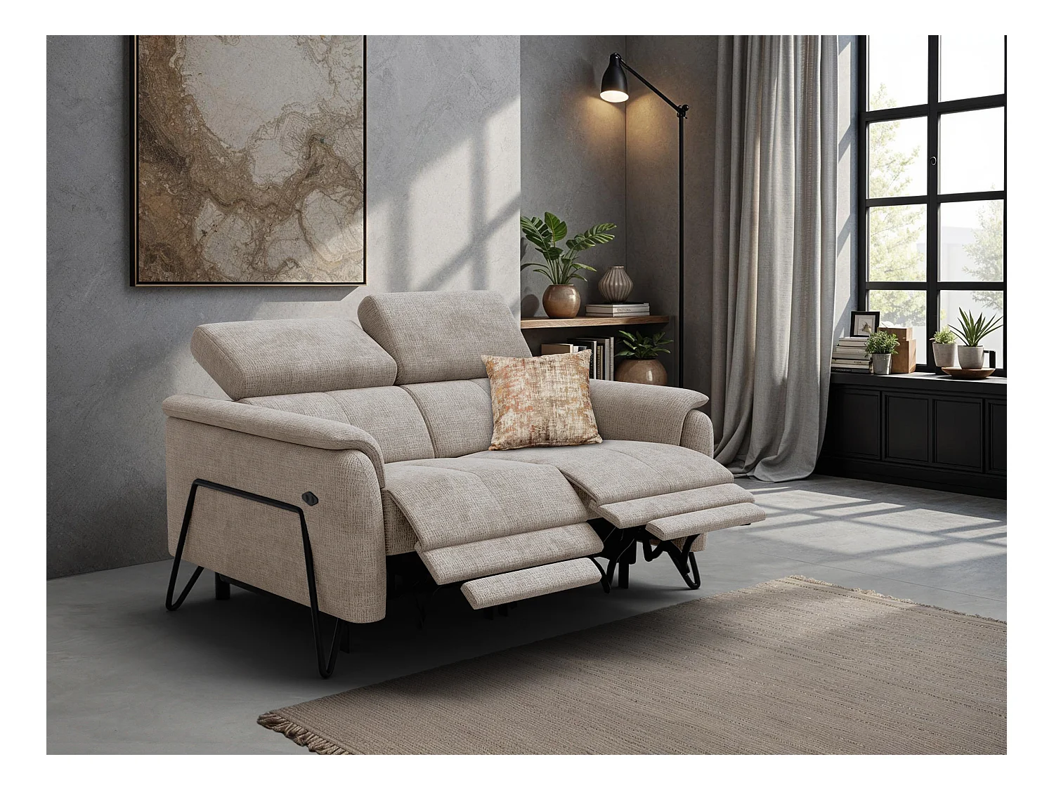 Canapé RODEN 2 places avec 2 Relax, tissu beige