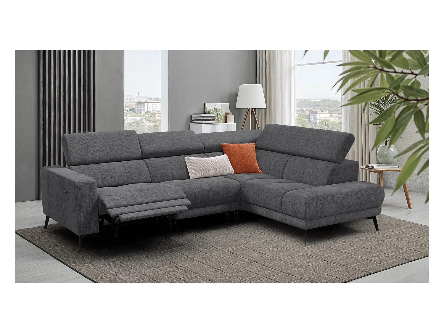 Canapé d'angle 5 places MORELLO avec 1 x Relax Zero Gravity, tissu gris foncé