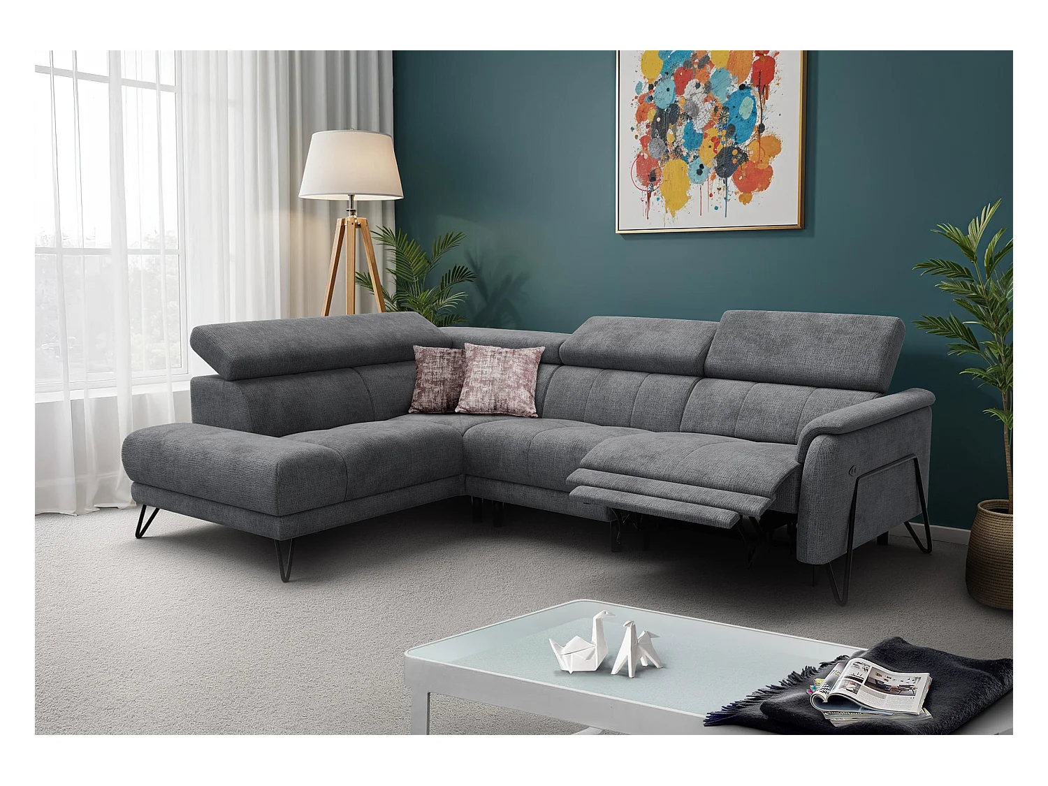 Canapé d'angle 5 places RODEN avec Relax, tissu gris foncé