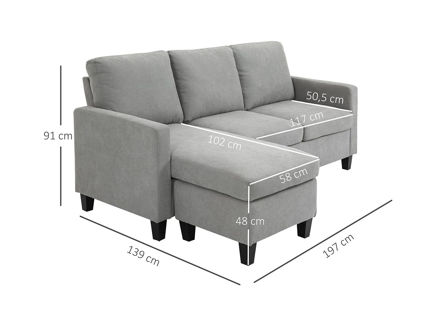 3-Sitzer-Sofa mit Bettkasten und Kissen, Ecksofa, Eckcouch, L-Form Couch