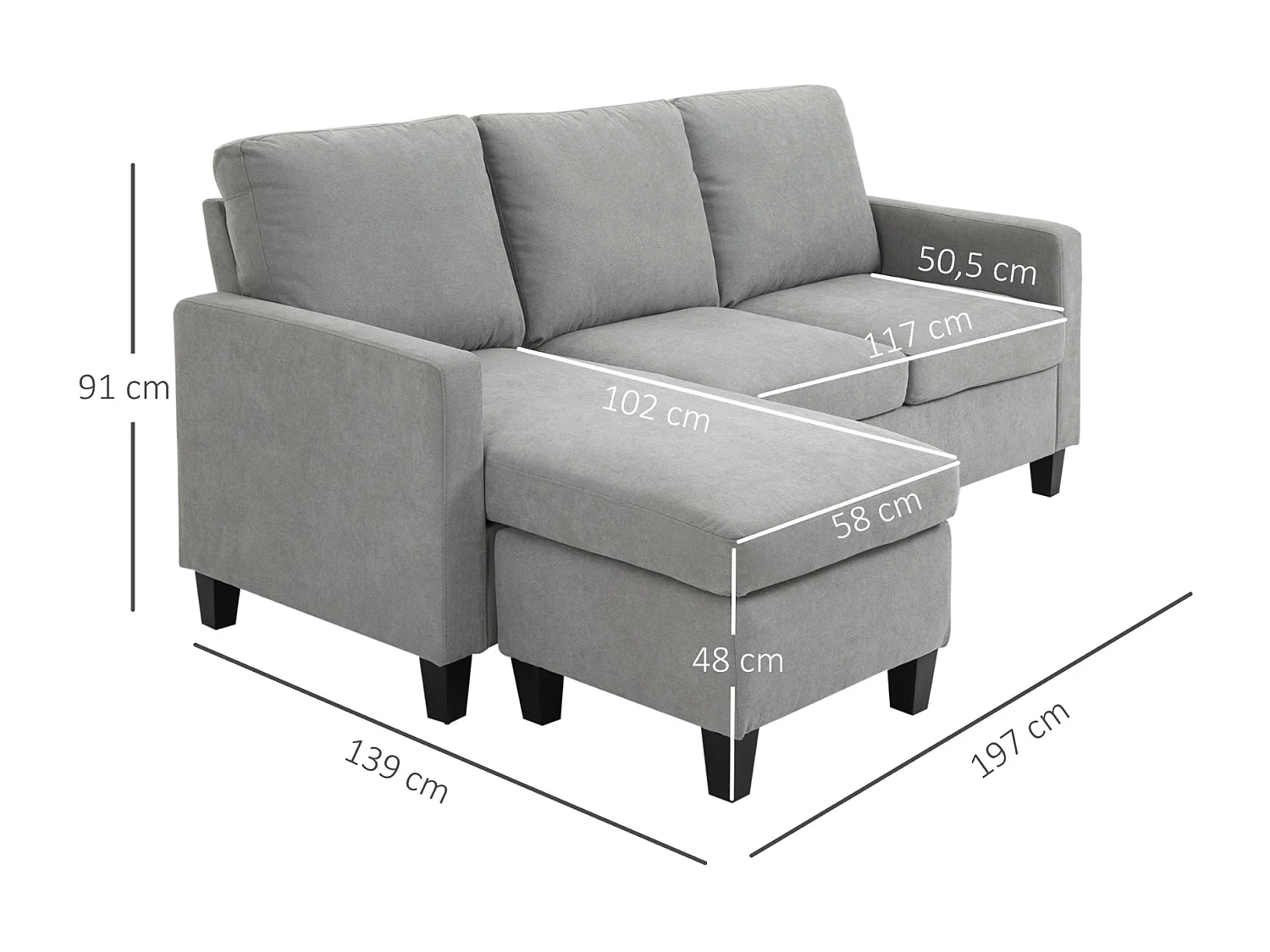 3-Sitzer-Sofa mit Bettkasten und Kissen, Ecksofa, Eckcouch, L-Form Couch