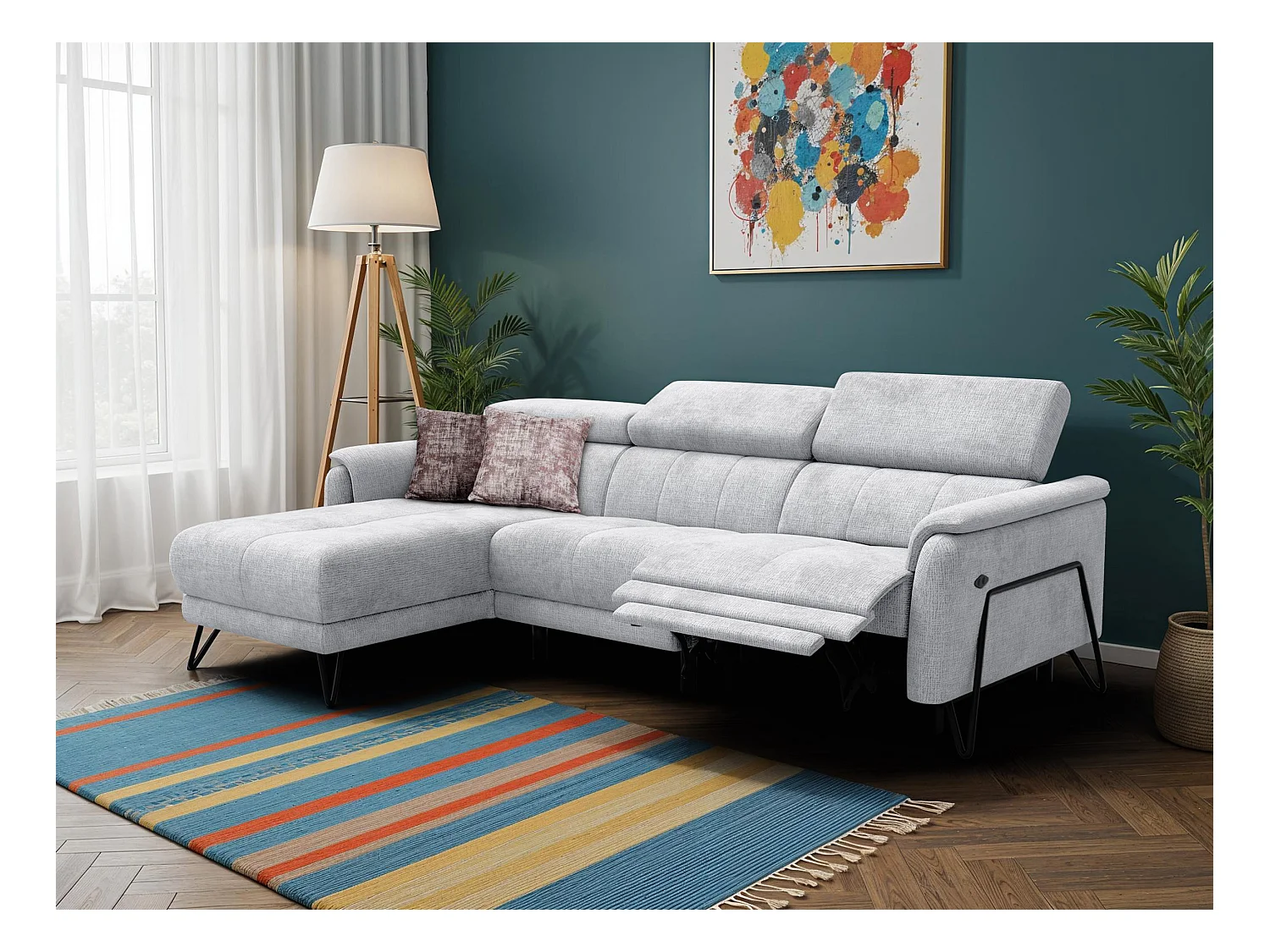 Canapé d'angle 4 places RODEN avec Relax, tissu gris clair