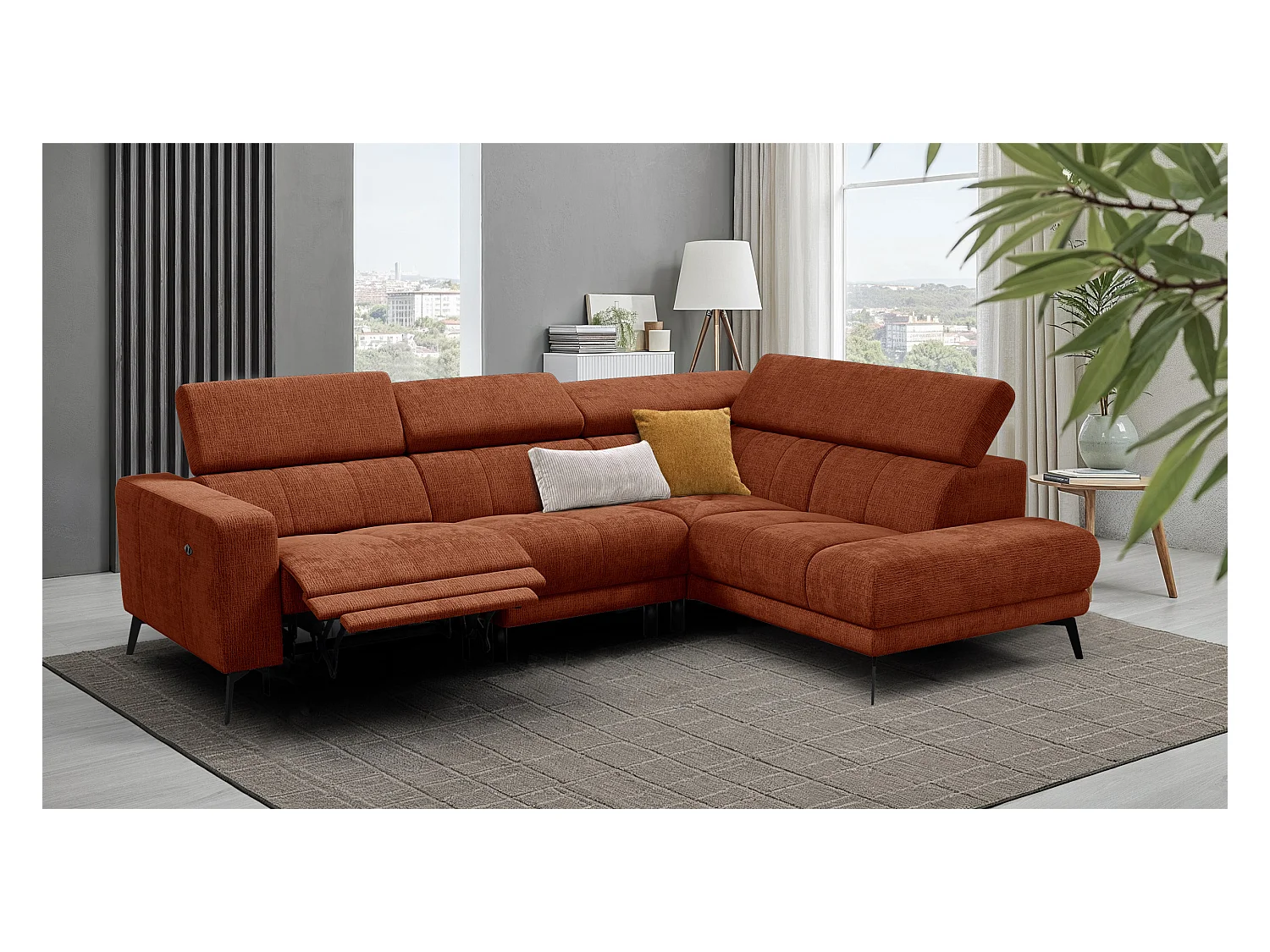 Canapé d'angle 5 places MORELLO avec 1 x Relax Zero Gravity, tissu orange foncé