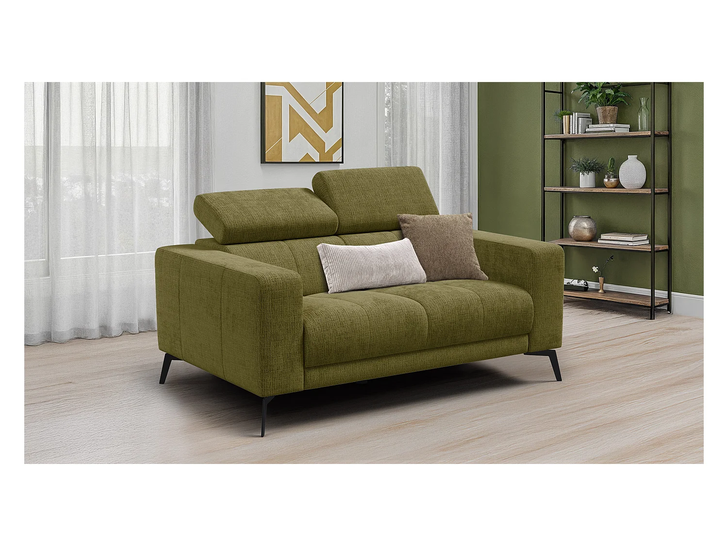 Canapé 2 places MORELLO, tissu olive