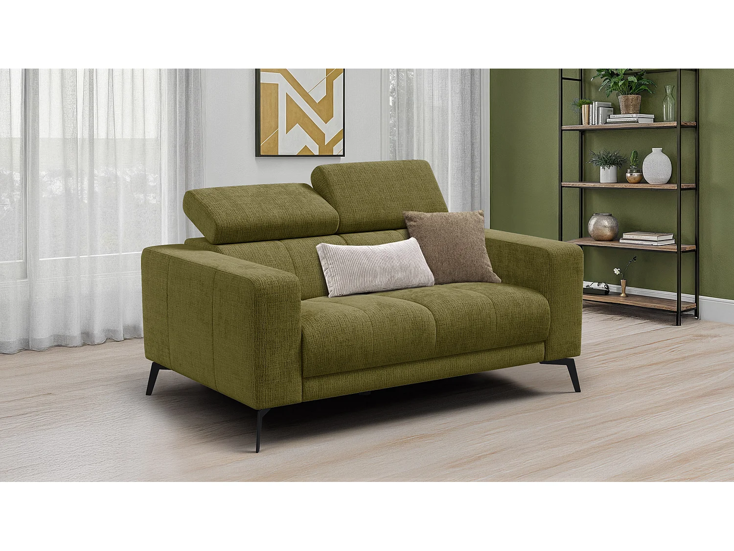 Canapé 2 places MORELLO, tissu olive