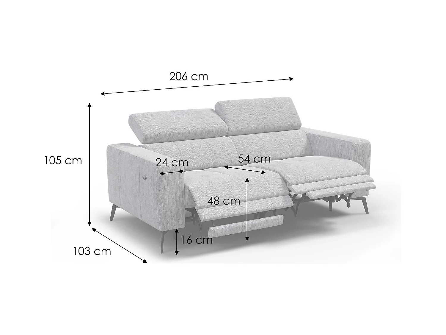 Canapé 3 places MORELLO avec 2 x Relax Zero Gravity, tissu crème