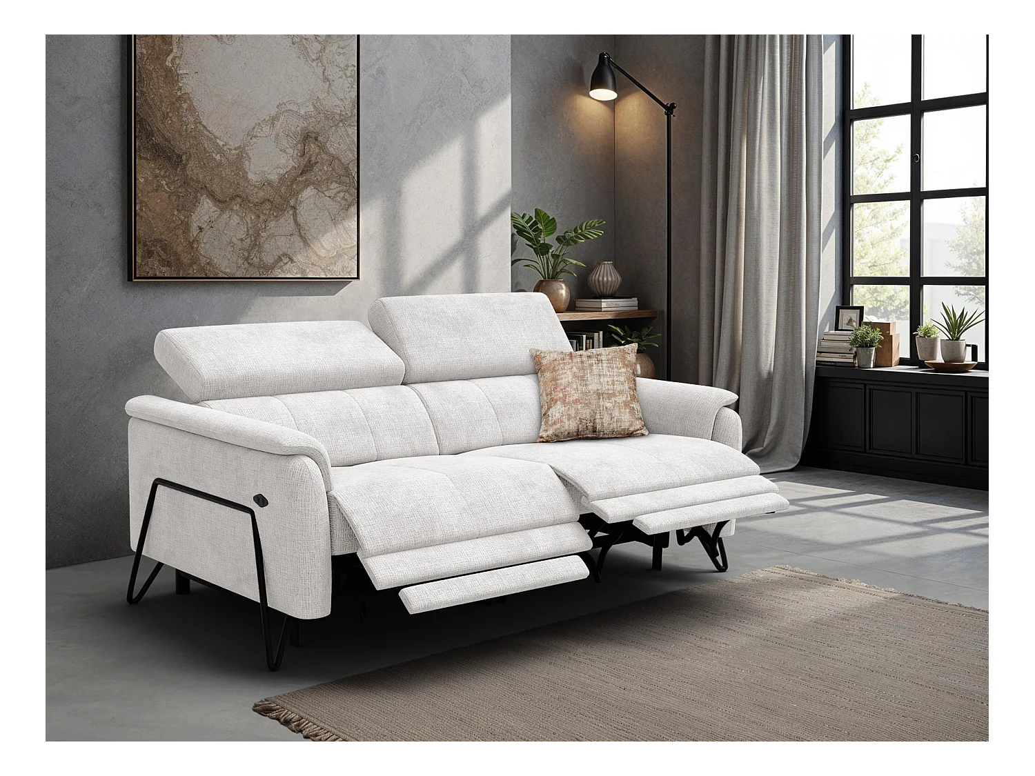 Canapé RODEN 3 places avec 2 Relax, tissu crème