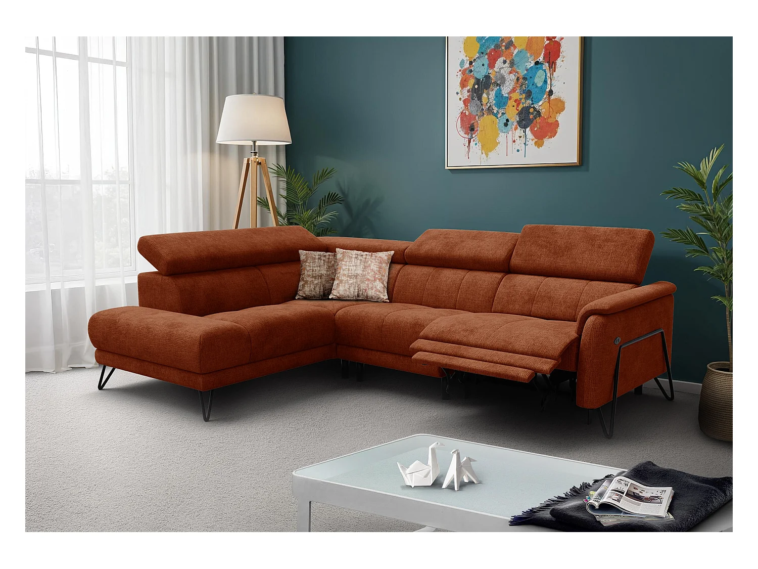 Canapé d'angle 5 places RODEN avec Relax, tissu orange foncé