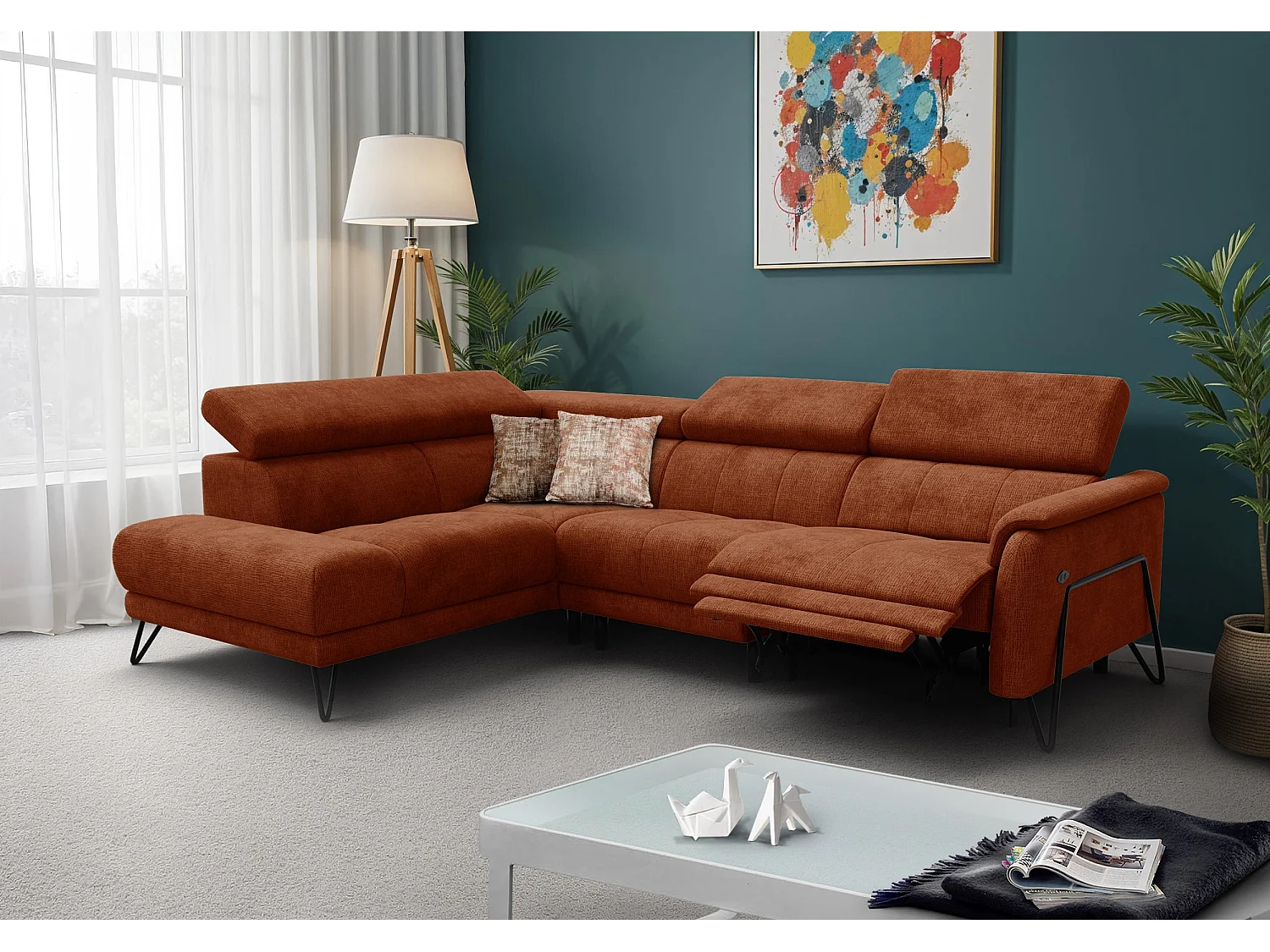 Canapé d'angle 5 places RODEN avec Relax, tissu orange foncé