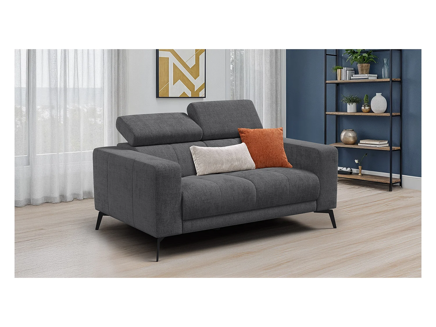 Canapé 2 places MORELLO, tissu gris foncé