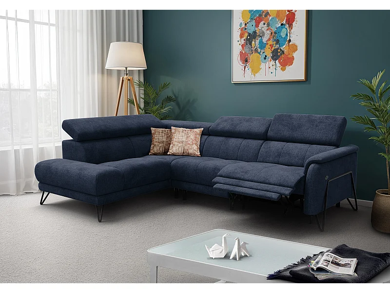 Canapé d'angle 5 places RODEN avec Relax, tissu bleu marine