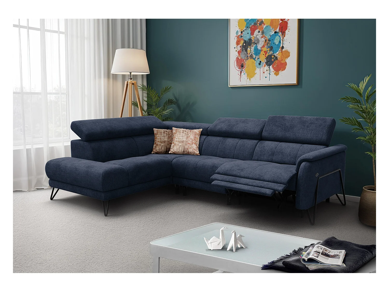 Canapé d'angle 5 places RODEN avec Relax, tissu bleu marine