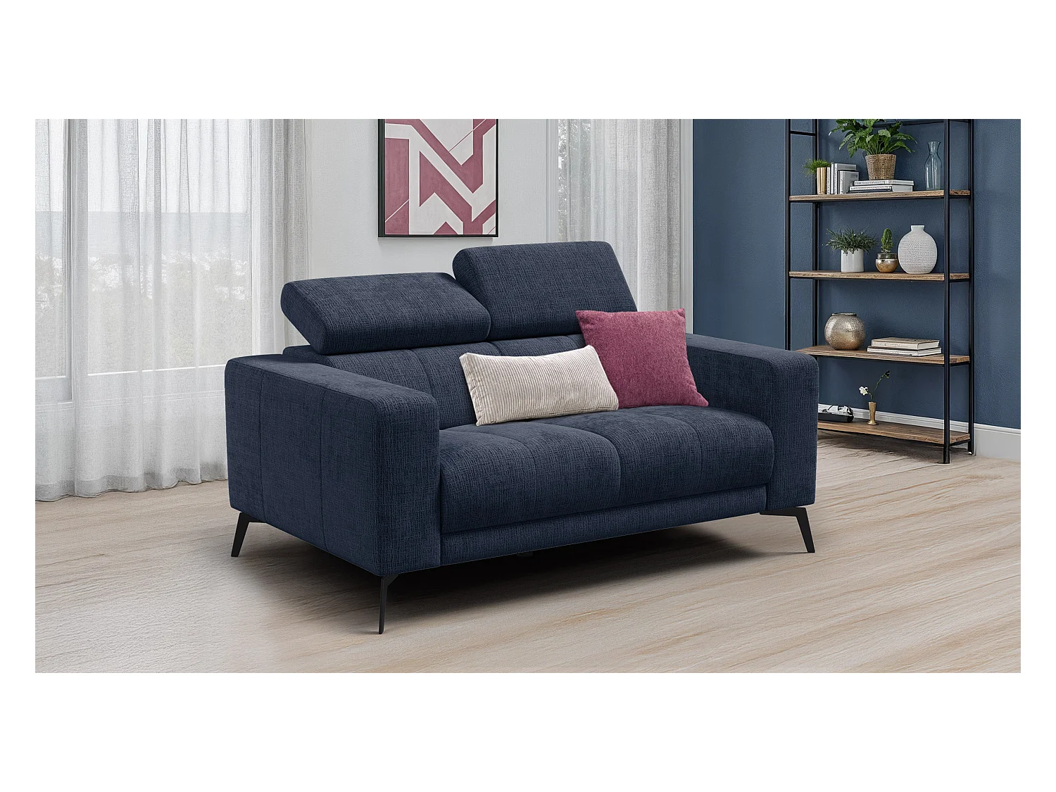 Canapé 2 places MORELLO, tissu bleu marine