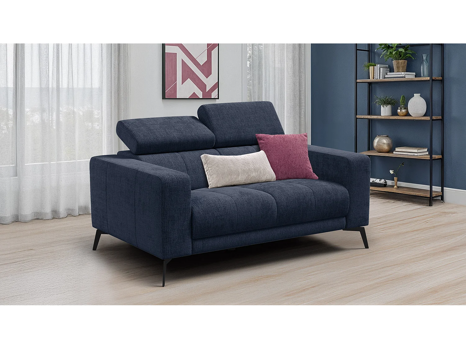 Canapé 2 places MORELLO, tissu bleu marine