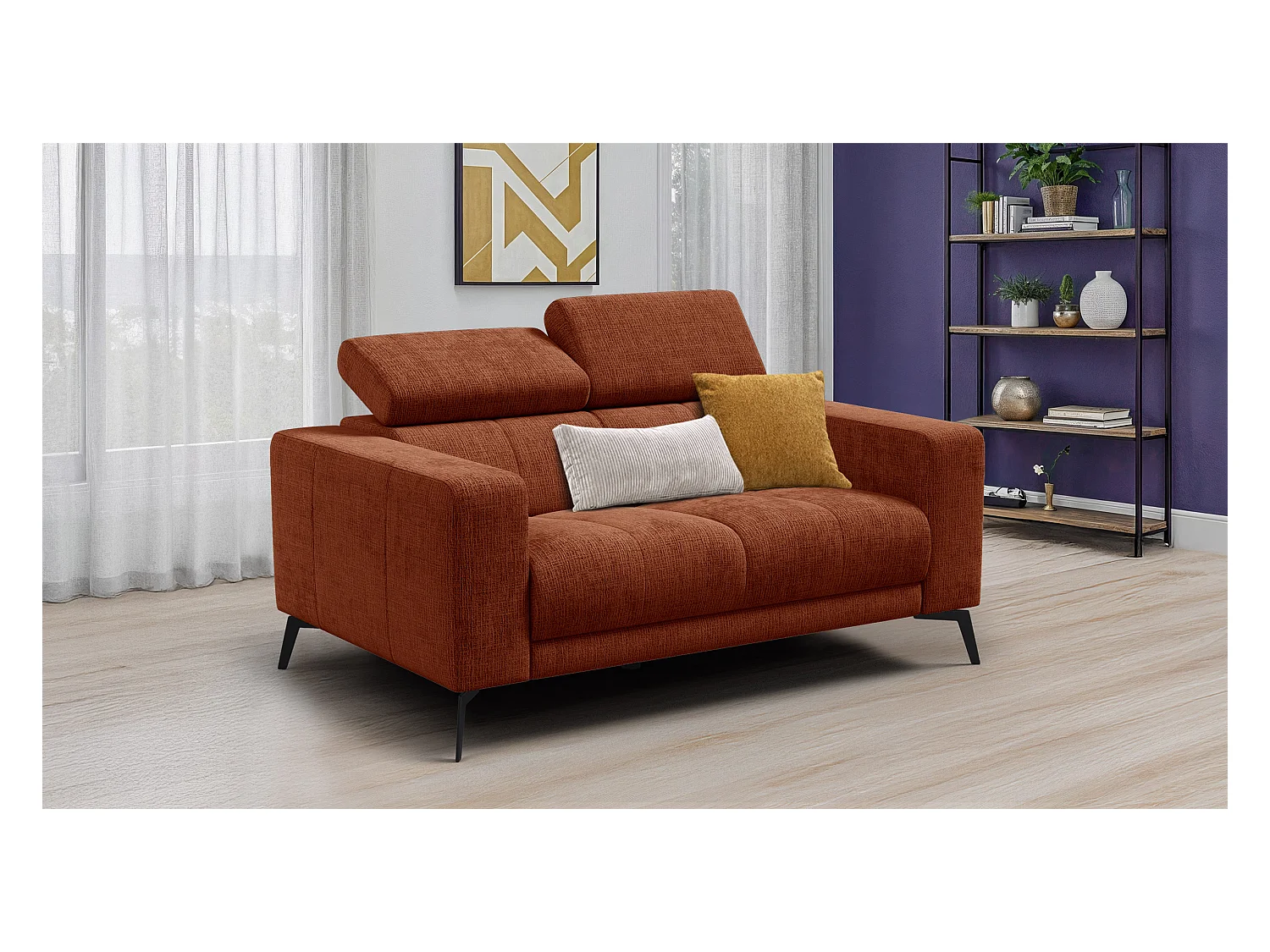 Canapé 2 places MORELLO, tissu orange foncé