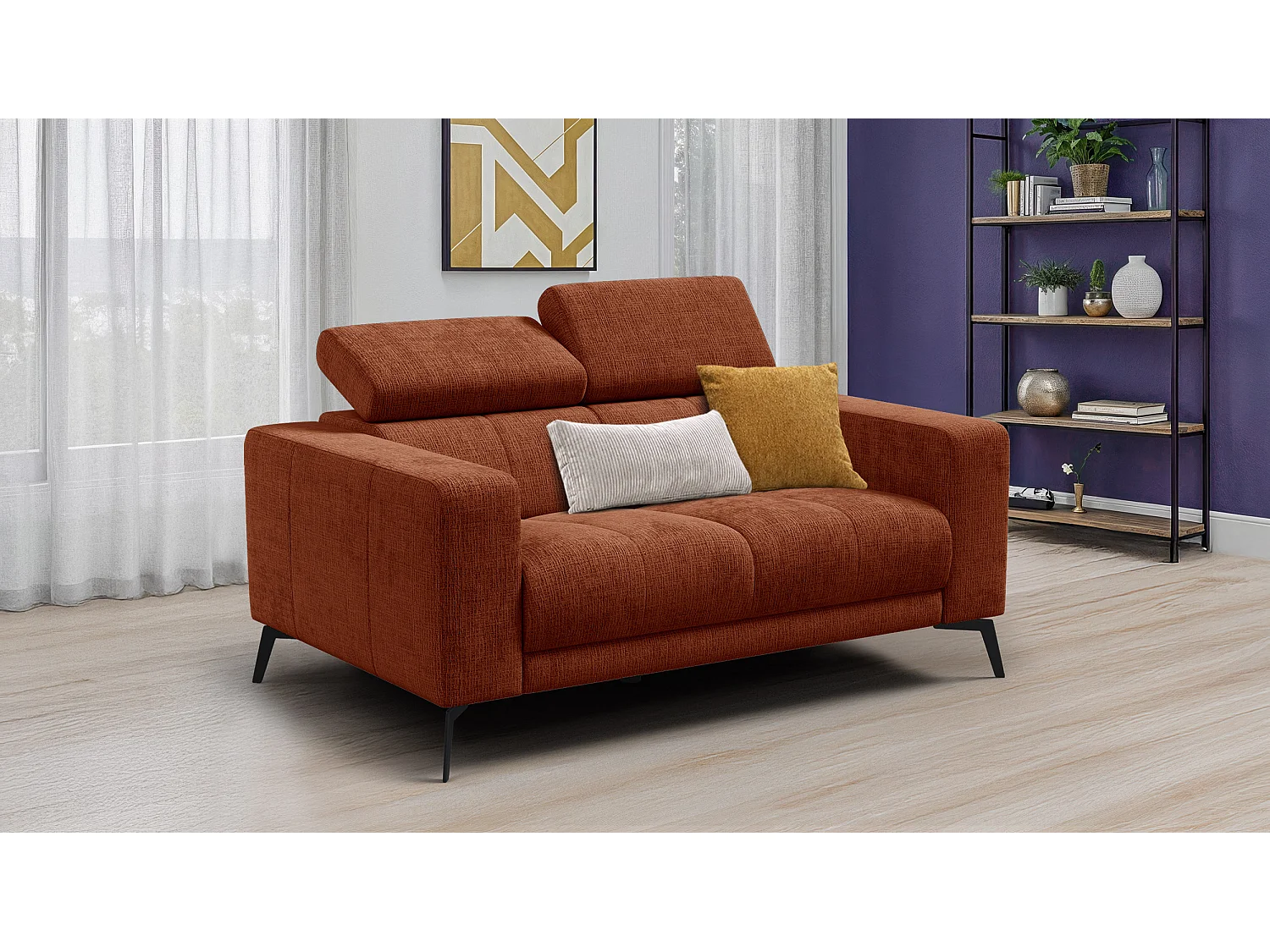 Canapé 2 places MORELLO, tissu orange foncé