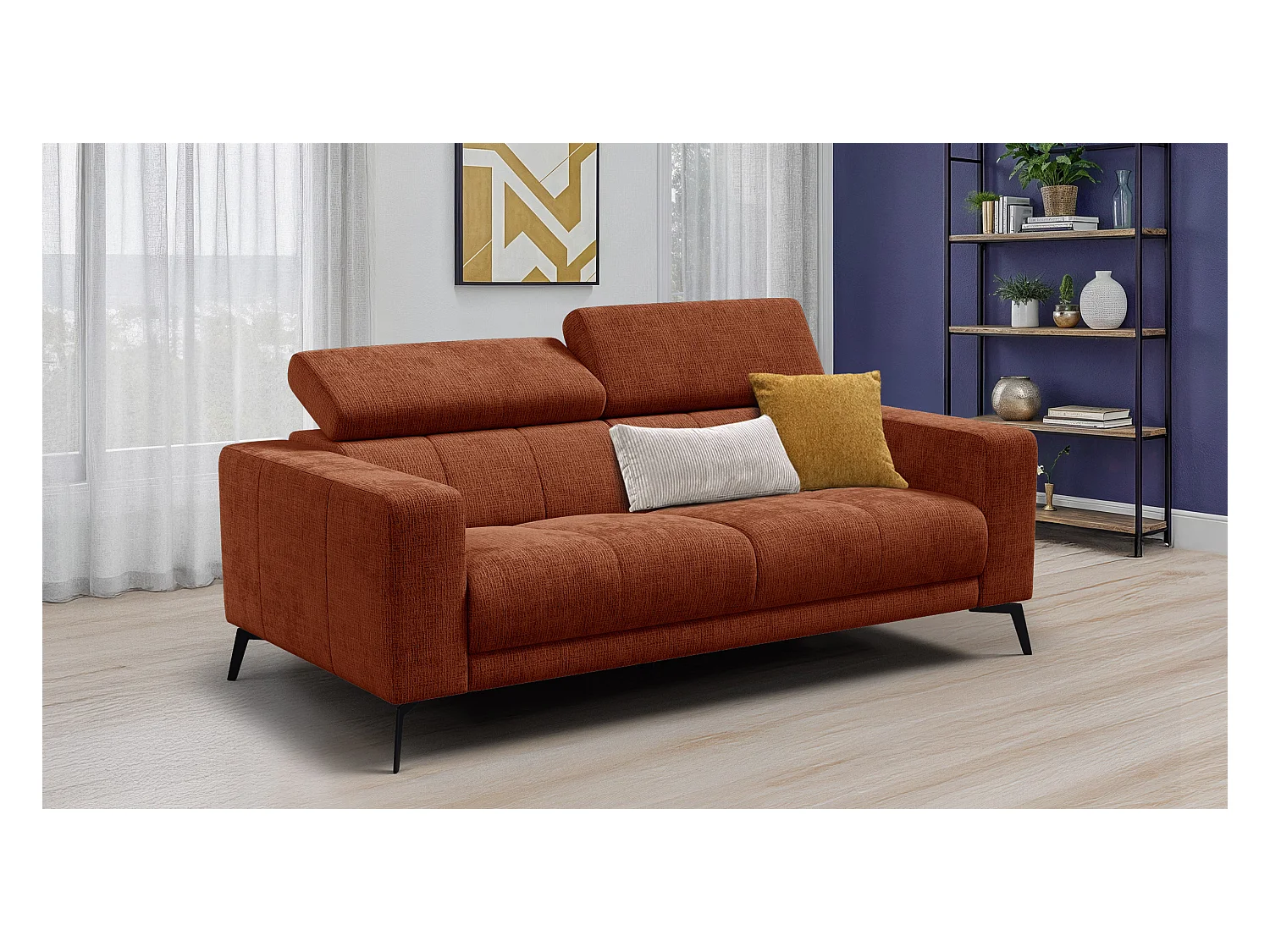 Canapé 3 places MORELLO, tissu orange foncé