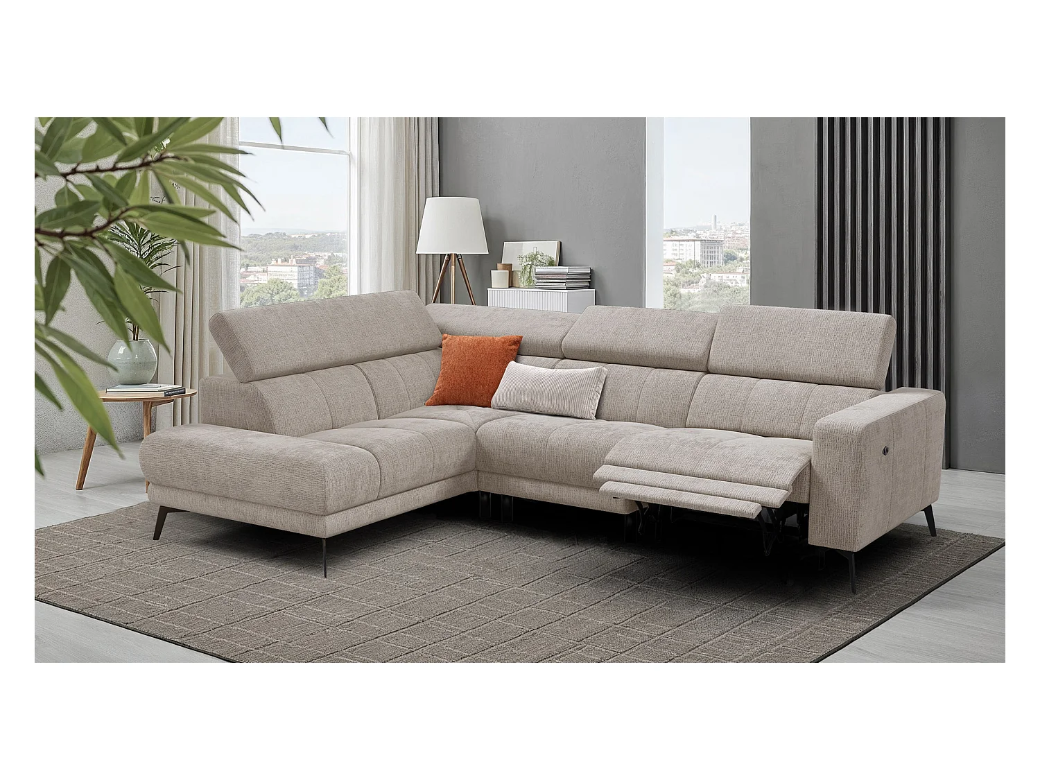 Canapé d'angle 5 places MORELLO avec 1 x Relax Zero Gravity, tissu beige