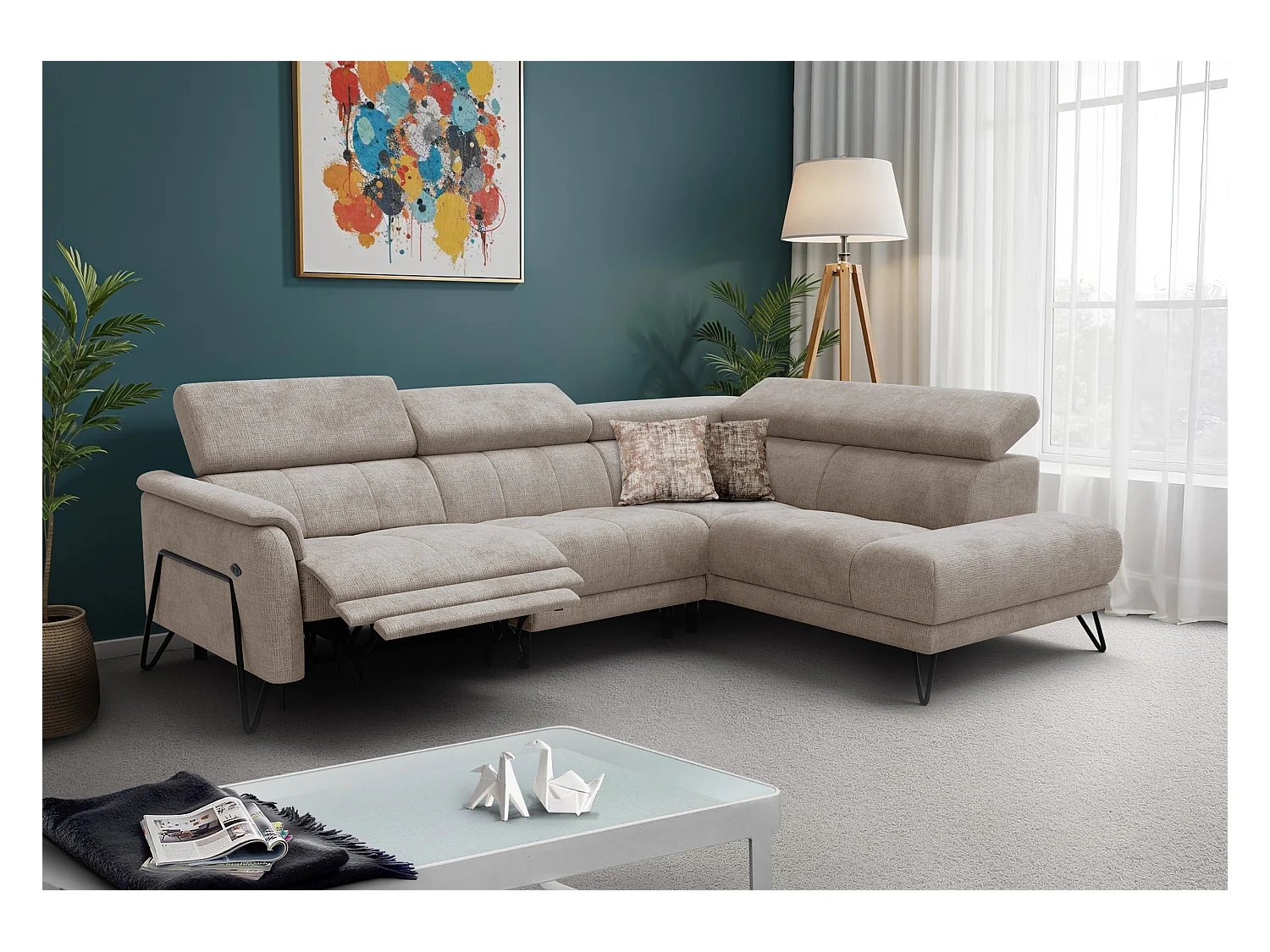 Canapé d'angle 5 places RODEN avec Relax, tissu beige