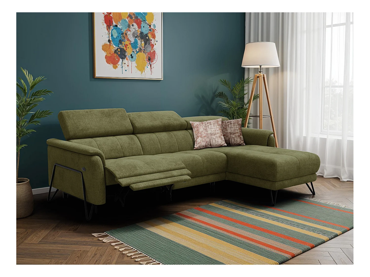 Canapé d'angle 4 places RODEN avec Relax, tissu olive