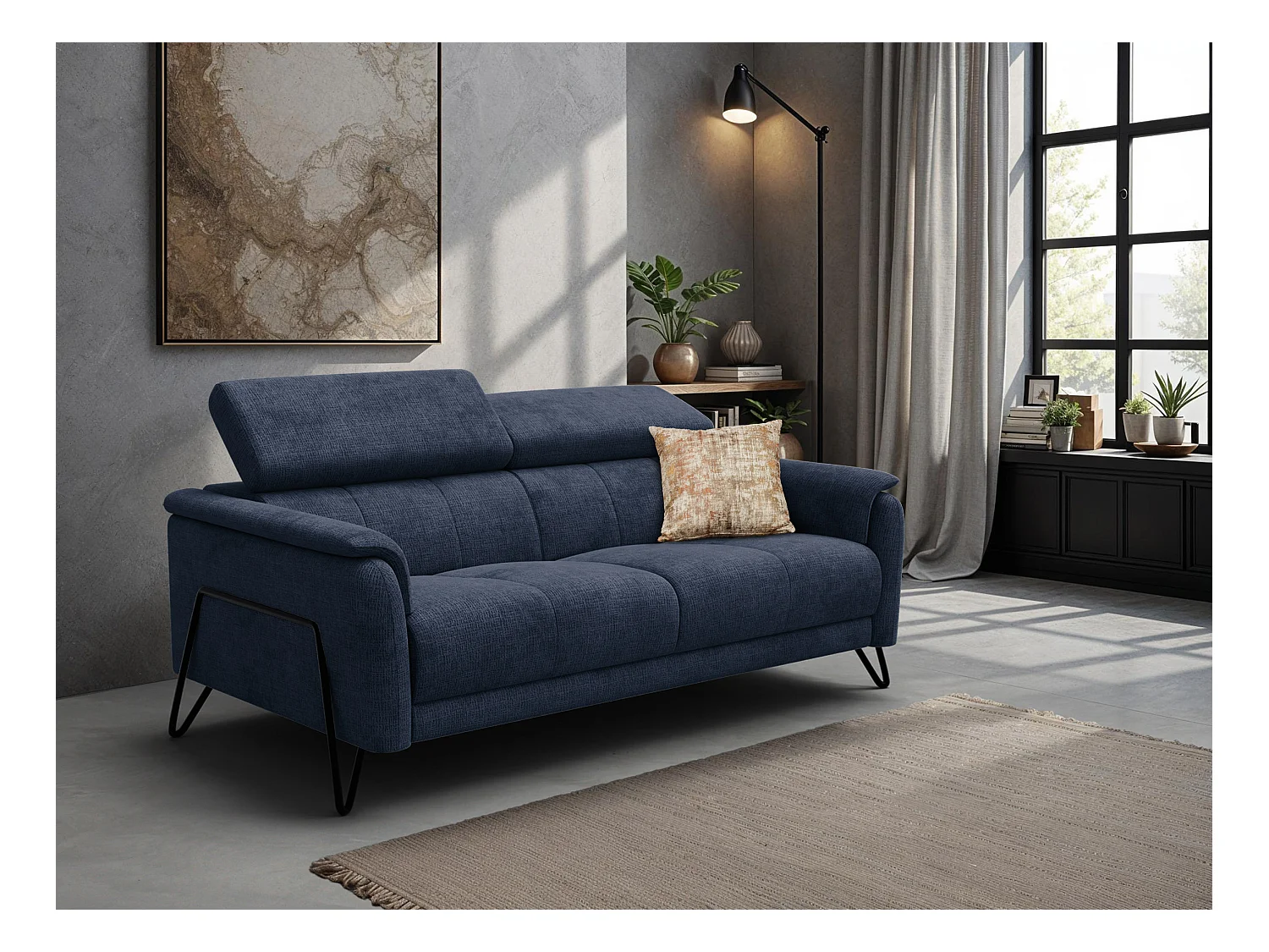 Canapé 3 places RODEN, tissu bleu marine