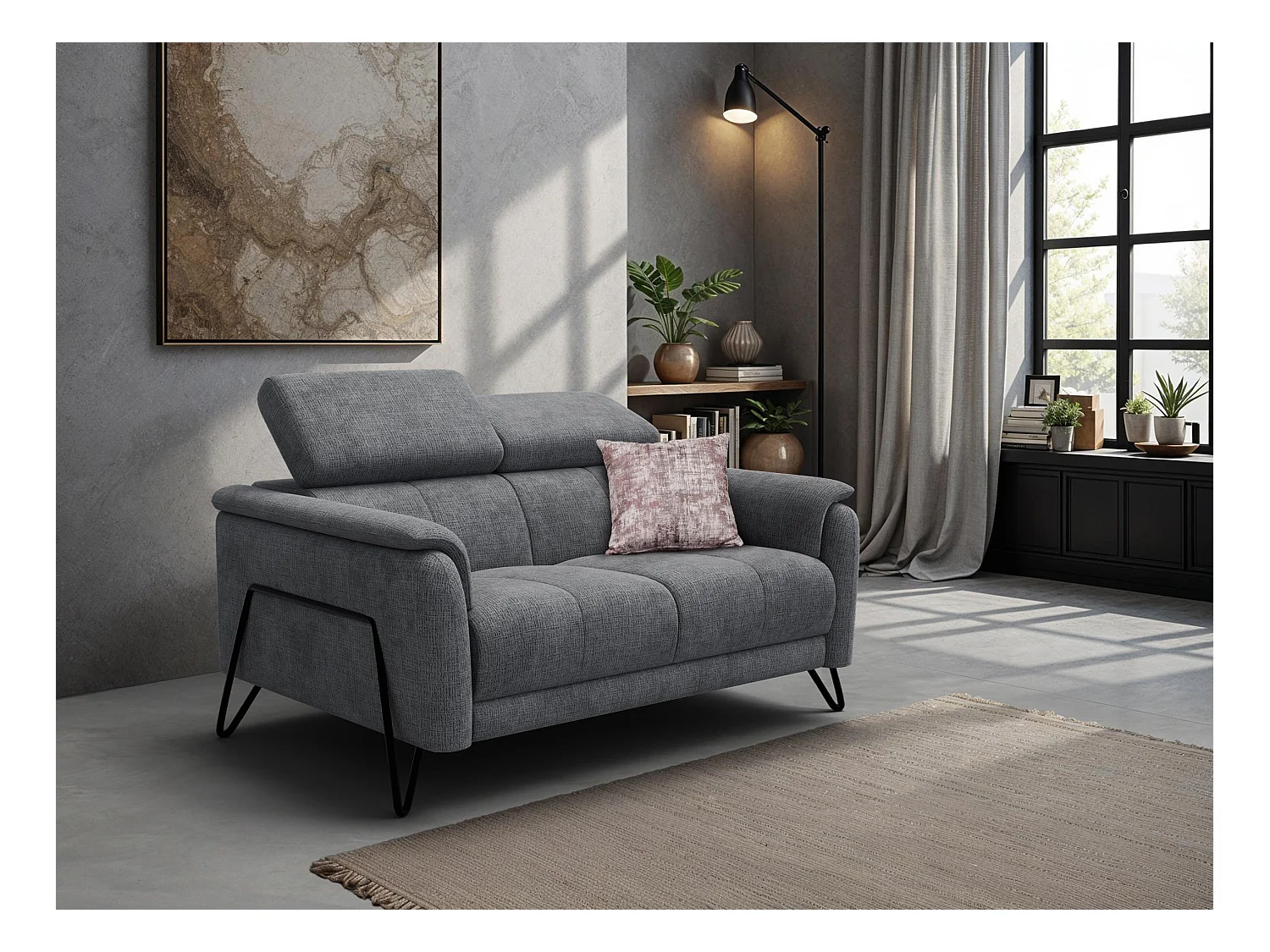 Canapé 2 places RODEN, tissu gris foncé