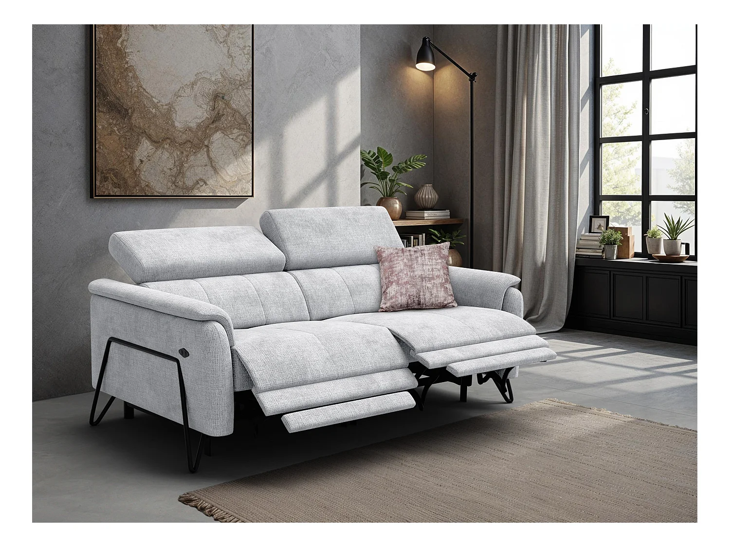 Canapé RODEN 3 places avec 2 Relax, tissu gris clair