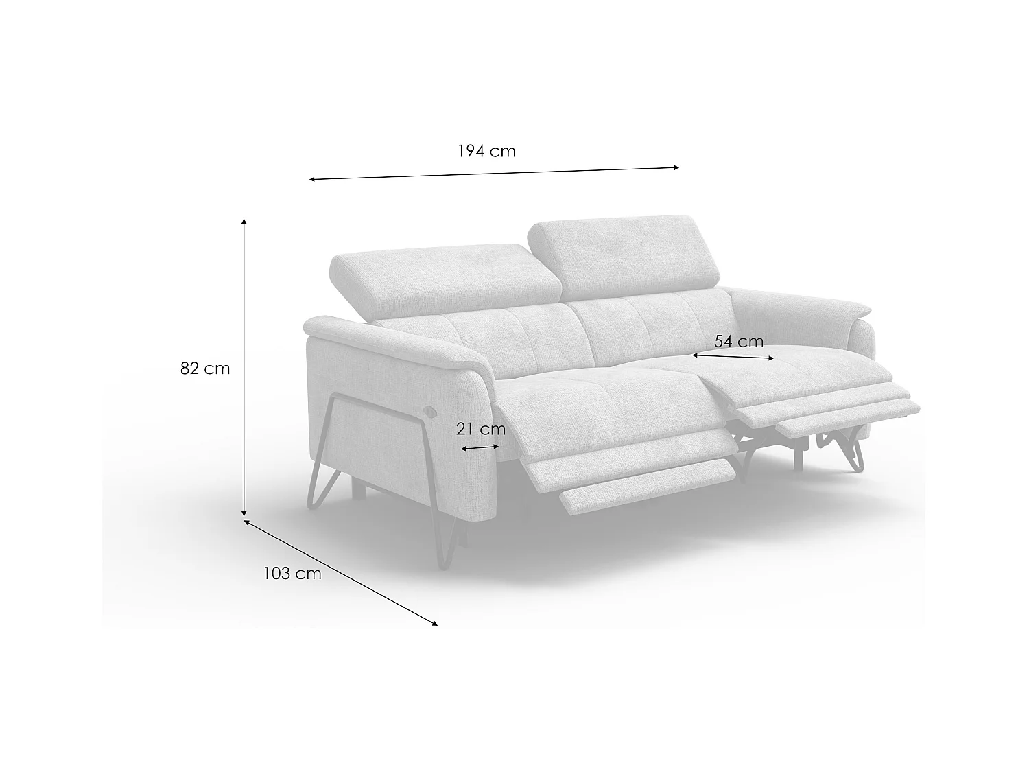 Canapé RODEN 3 places avec 2 Relax, tissu gris clair