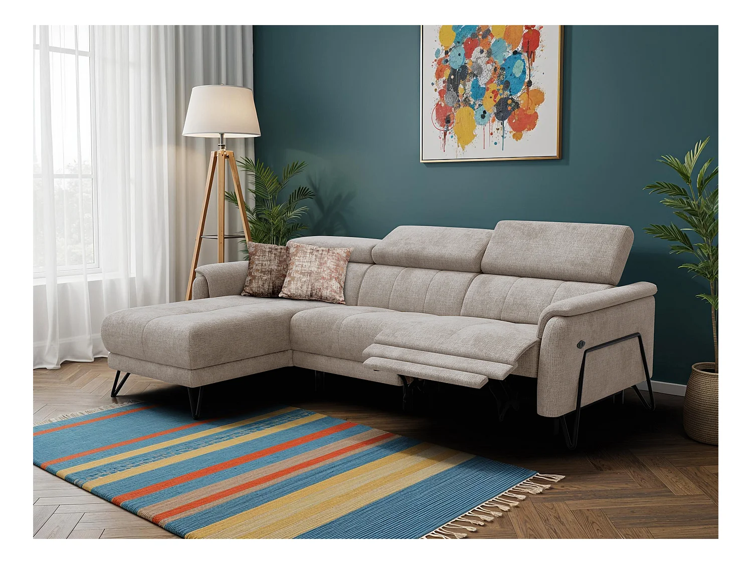 Canapé d'angle 4 places RODEN avec Relax, tissu beige