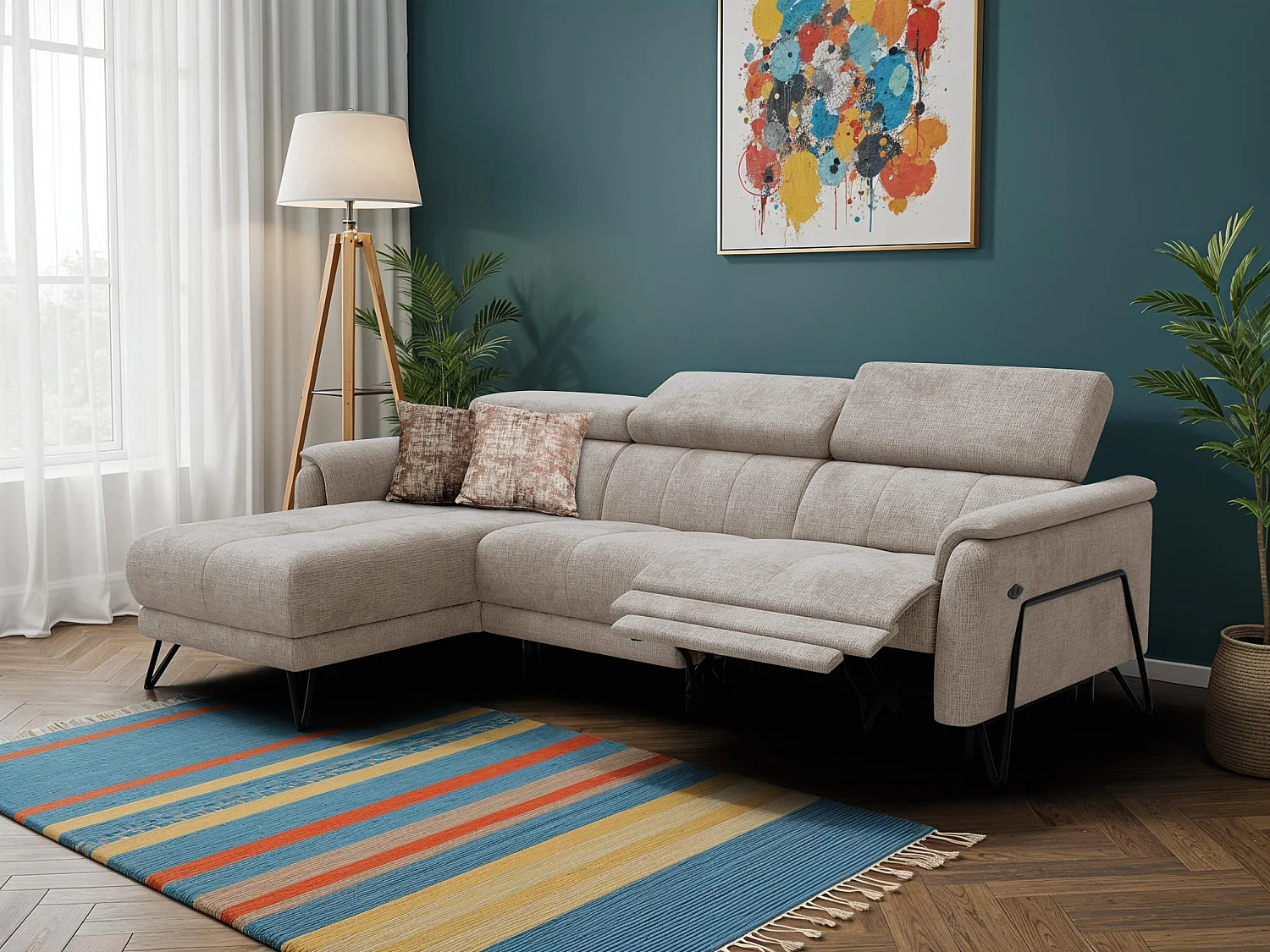 Canapé d'angle 4 places RODEN avec Relax, tissu beige