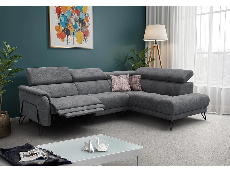 Canapé d'angle 5 places RODEN avec Relax, tissu gris foncé