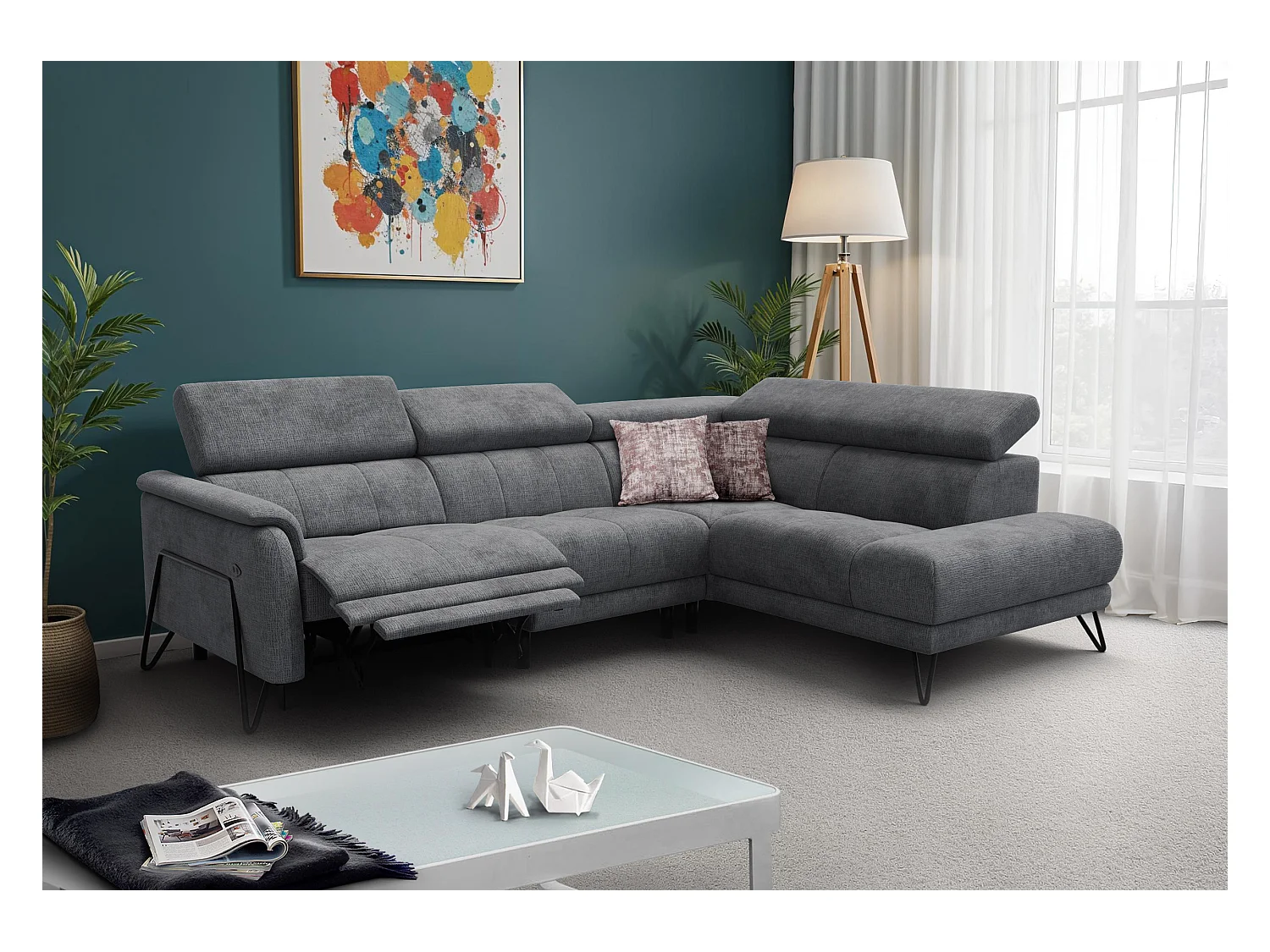 Canapé d'angle 5 places RODEN avec Relax, tissu gris foncé