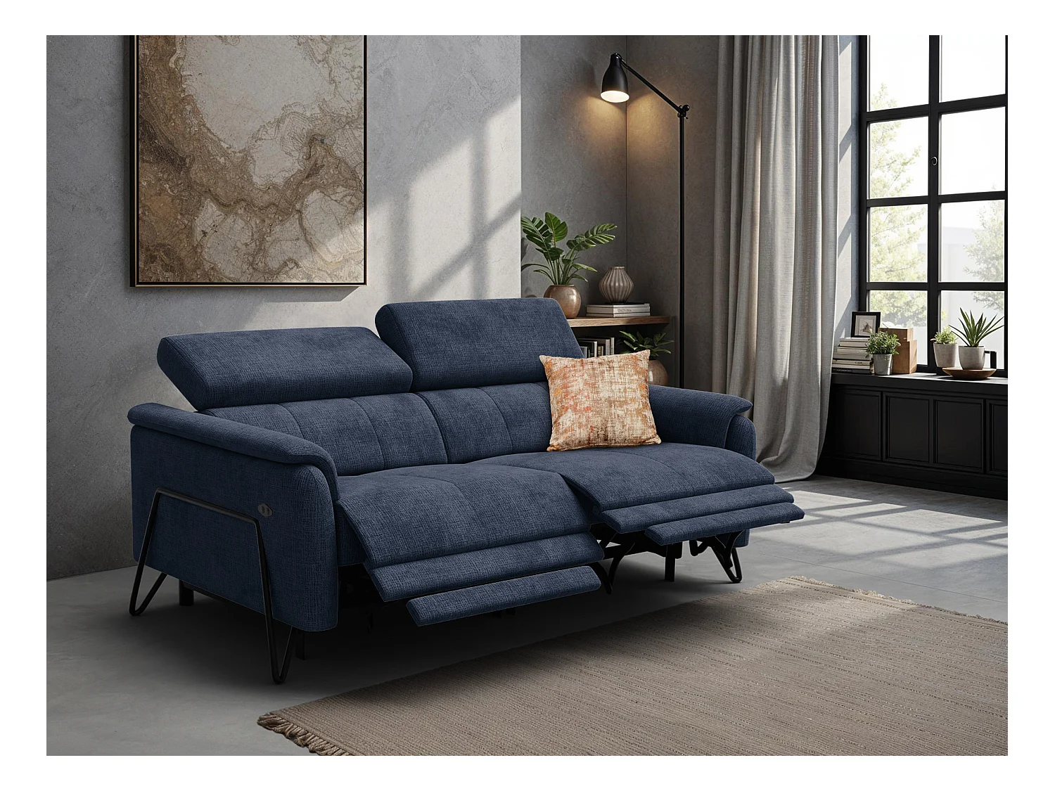 Canapé RODEN 3 places avec 2 Relax, tissu bleu marine