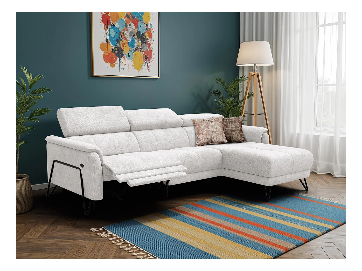 Canapé d'angle 4 places RODEN avec Relax, tissu crème