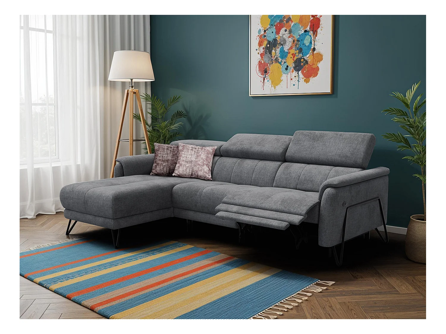 Canapé d'angle 4 places RODEN avec Relax, tissu gris foncé