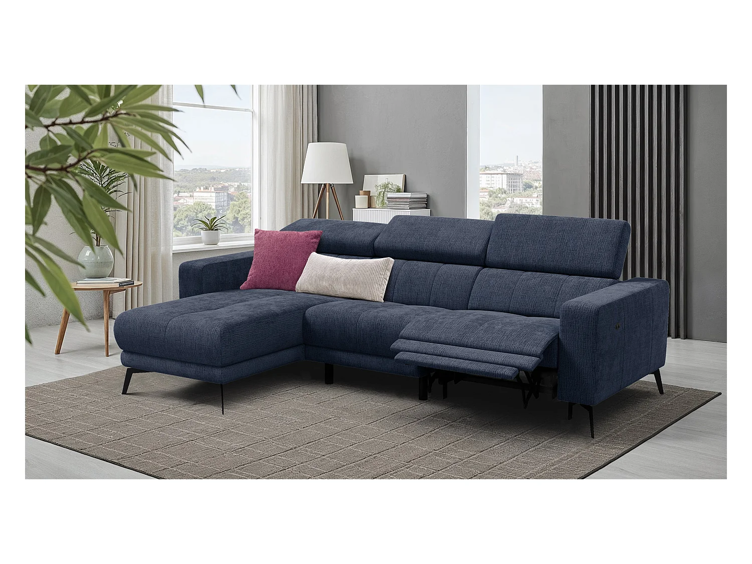 Canapé d'angle 4 places MORELLO avec 1 x Relax Zero Gravity, tissu bleu marine