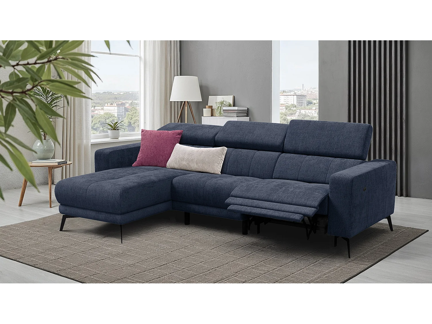 Canapé d'angle 4 places MORELLO avec 1 x Relax Zero Gravity, tissu bleu marine