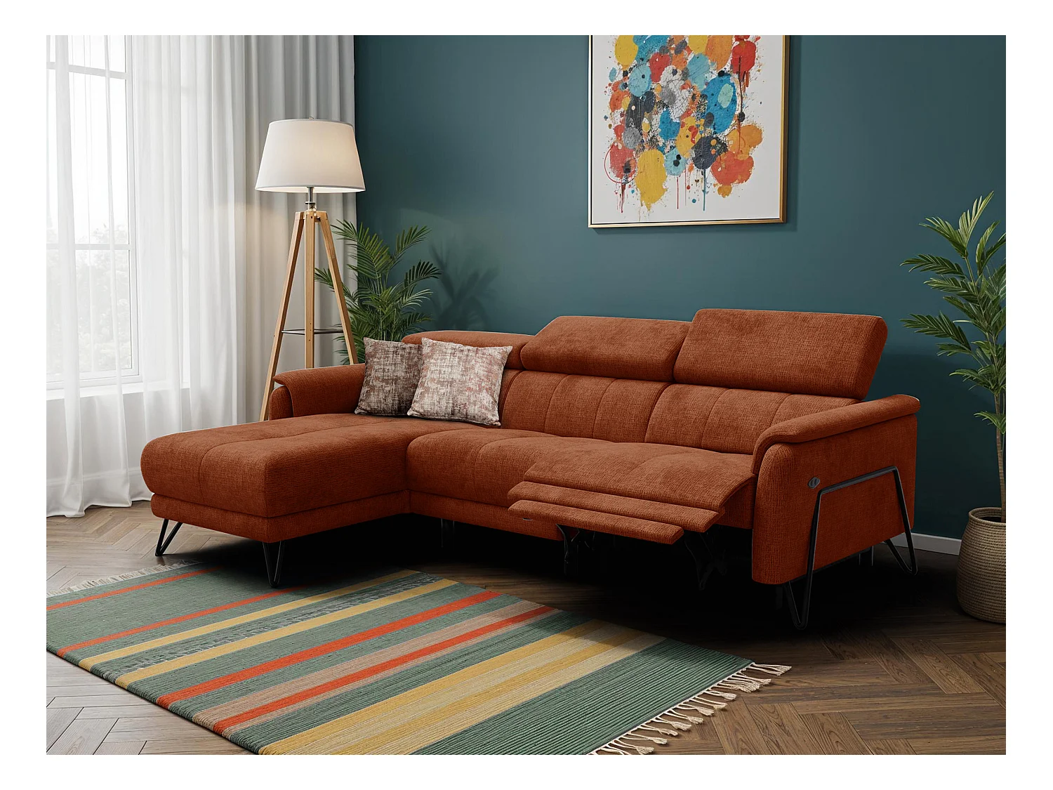 Canapé d'angle 4 places RODEN avec Relax, tissu orange foncé