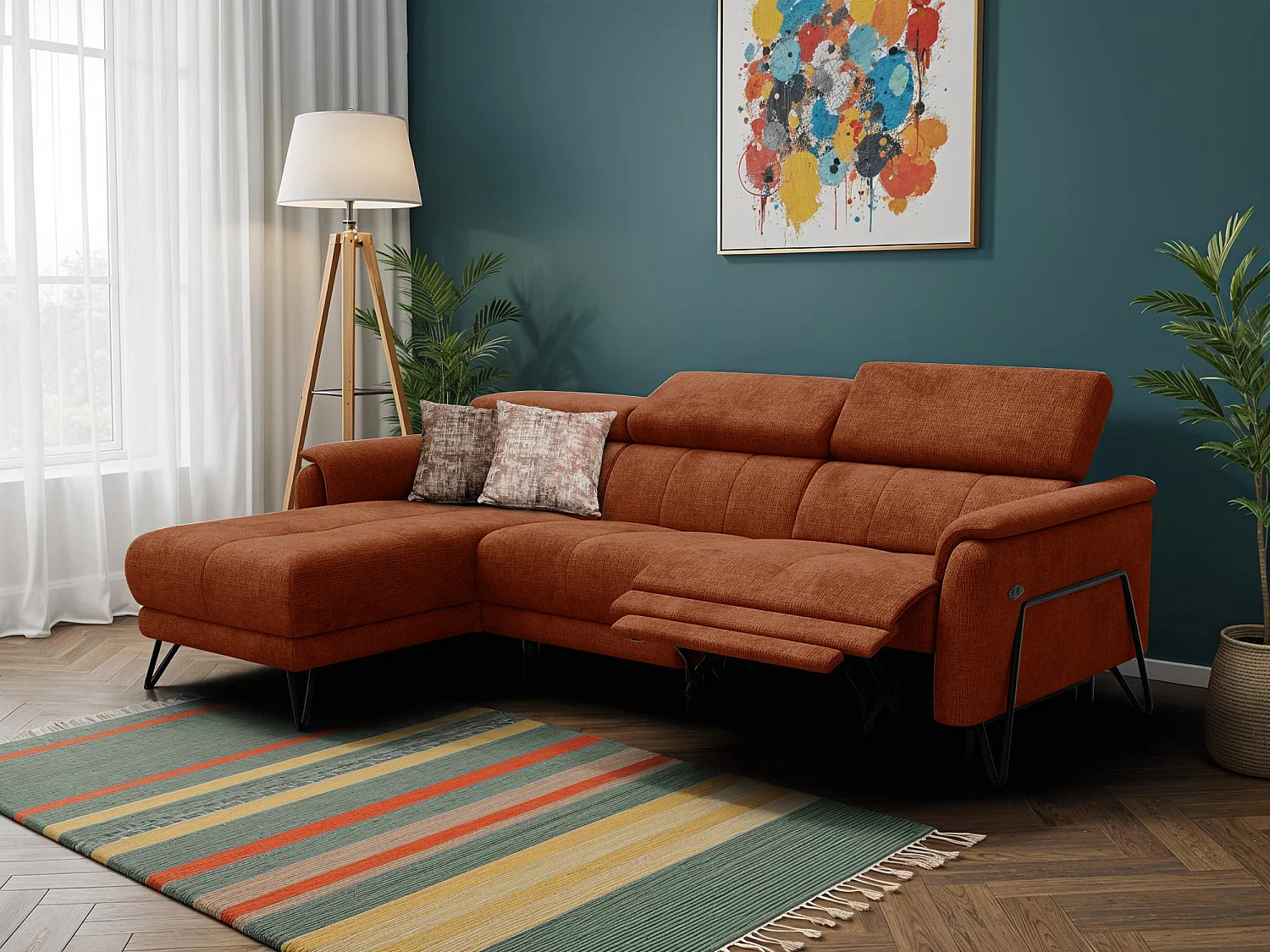 Canapé d'angle 4 places RODEN avec Relax, tissu orange foncé