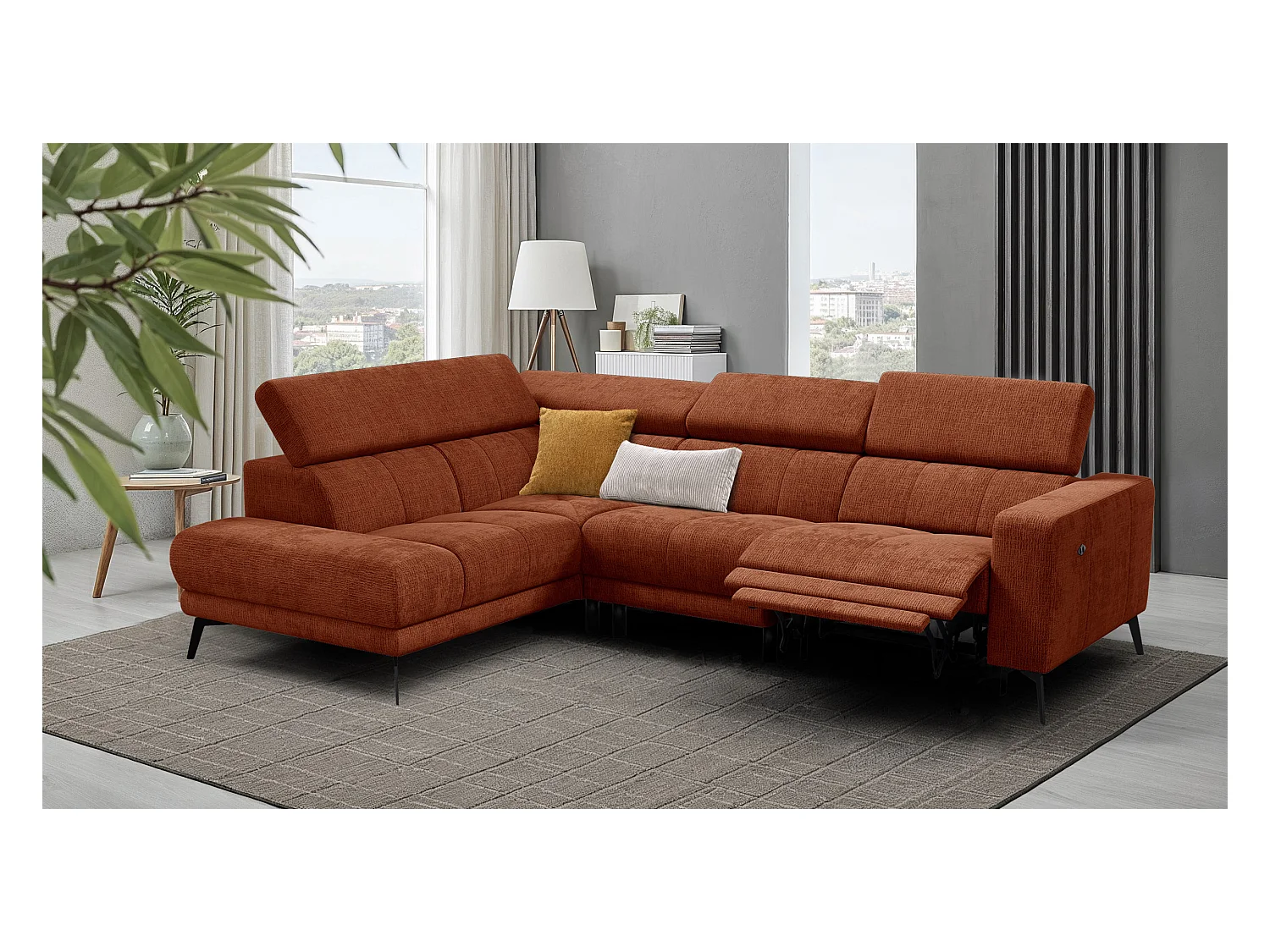 Canapé d'angle 5 places MORELLO avec 1 x Relax Zero Gravity, tissu orange foncé