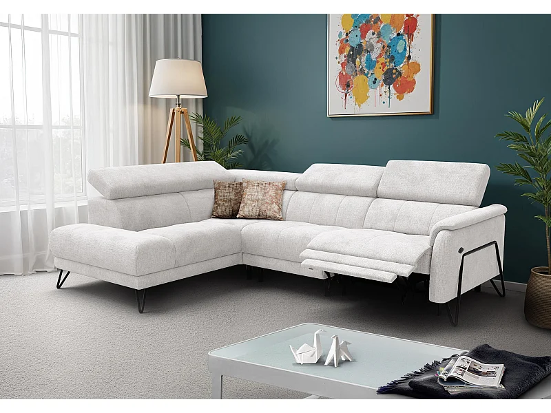 Canapé d'angle 5 places RODEN avec Relax, tissu crème