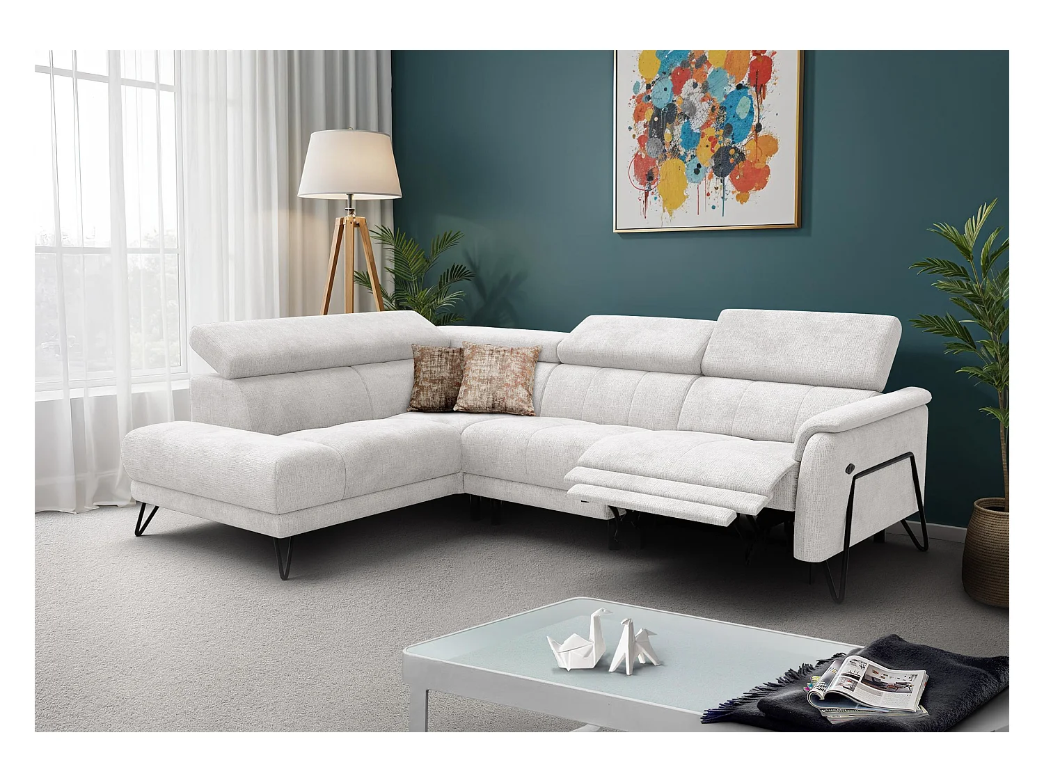 Canapé d'angle 5 places RODEN avec Relax, tissu crème