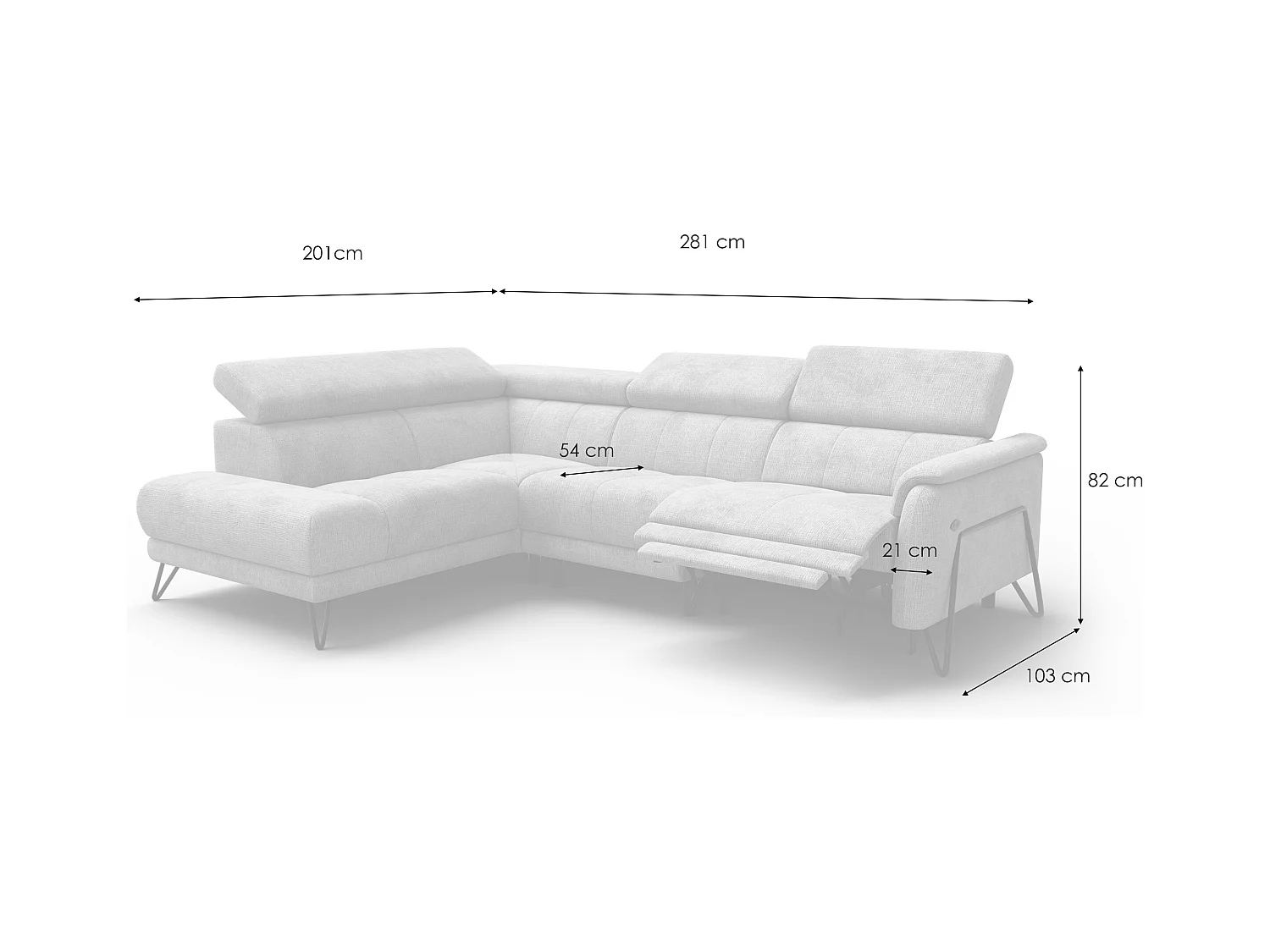 Canapé d'angle 5 places RODEN avec Relax, tissu crème
